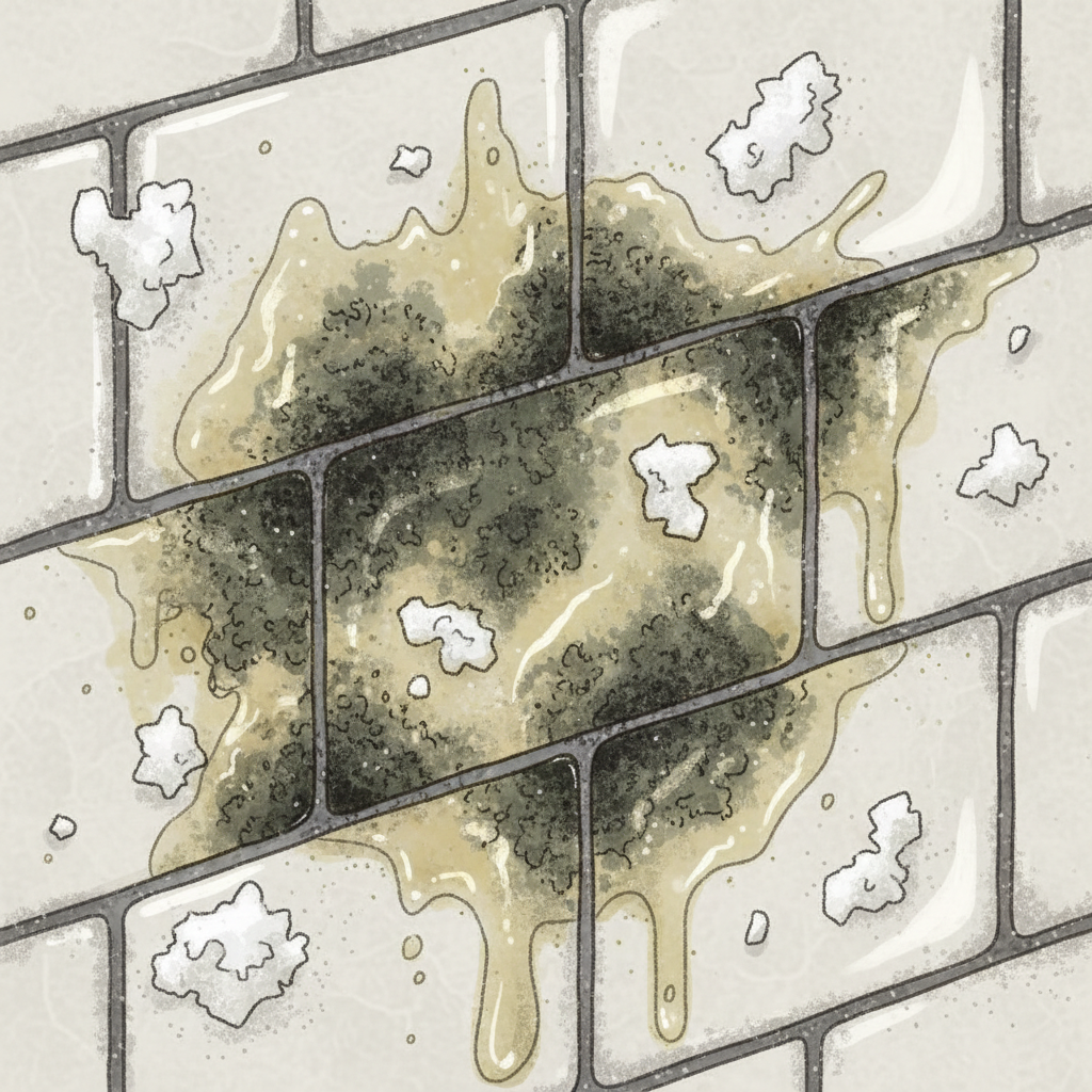 A detailed close-up illustration of a small section of ceramic kitchen or bathroom tiles before cleaning. The tiles and grout lines are visibly encrusted with various common contaminants: a translucent greasy film from cooking, distinct white, chalky lime scale deposits, dark spots of mold or mildew within the grout, and fine dust particles. Each type of dirt should be clearly distinguishable by its texture, color, and placement. The overall impression is one of a dirty, neglected surface ready for thorough cleaning, in a realistic illustrative style with attention to detail on textures.