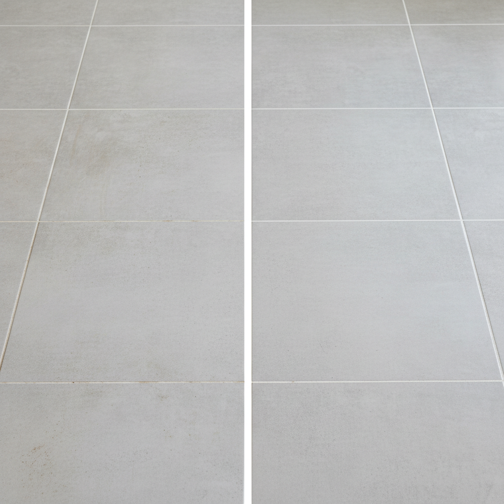 A professional, bright photograph of a bathroom or kitchen floor featuring ceramic tiles. The image is expertly composed with a clear visual split, showcasing a 'before and after' effect. On one side, the tiles appear dull with subtle smudges, faint dirt accumulation in the grout lines, and a few water spots. On the other side, the identical tiles are sparkling clean, polished, and reflect ambient light, with pristine, bright grout. The scene conveys a strong sense of freshness and hygiene, emphasizing the dramatic improvement achieved through proper cleaning. The overall impression should be inviting and spotless.