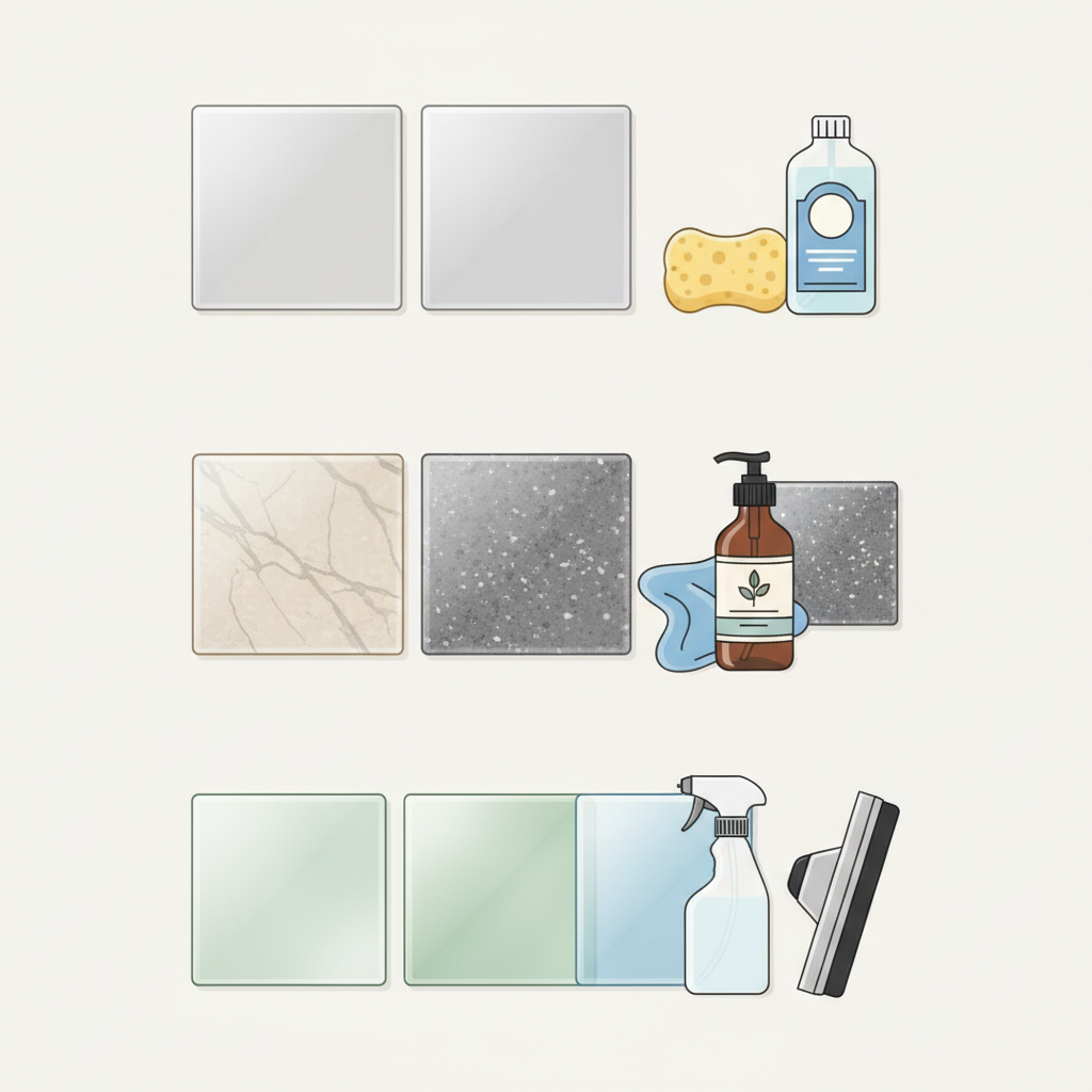 A clean and modern flat illustration depicting three distinct types of floor tiles, each in its own dedicated section. The first section showcases glossy ceramic tiles, accompanied by a soft, gentle sponge and a bottle of mild, all-purpose cleaning solution. The second section displays textured natural stone tiles (like marble or granite), paired with a soft microfiber cloth and a bottle of specialized cleaner formulated for sensitive stone surfaces. The third section features translucent glass tiles, alongside a spray bottle filled with liquid and a squeegee. The illustration subtly highlights the appropriate tools and cleaning products for each tile type, visually emphasizing specialized care.