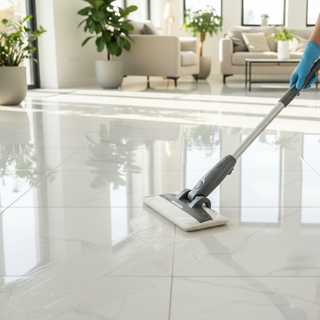 A professional photo from an elevated perspective, showcasing a gleaming, perfectly clean tile floor in a modern, brightly lit home. In the foreground, a partial view of a person's hand, wearing a subtle glove, is actively operating a high-quality, ergonomic mop or steam cleaner on a small section of the floor, creating a visible, sparkling streak of cleanliness. The surrounding tiles should reflect light beautifully, emphasizing a deep 'Glanz.' The background subtly shows the rest of the polished floor extending into an inviting, well-maintained room, conveying a sense of hygiene and freshness achieved through professional care.