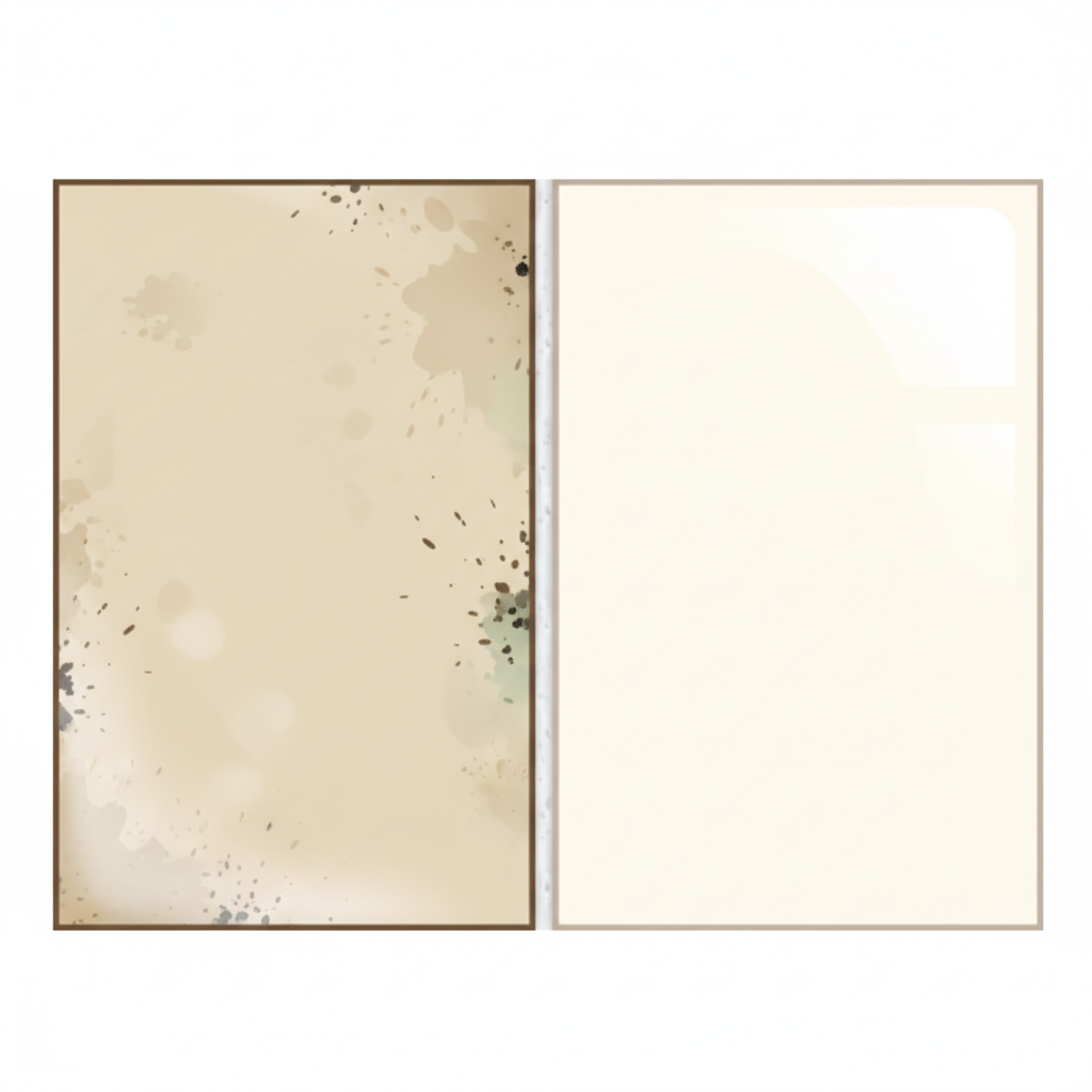 A close-up, infographic-style illustration depicting a vertical cross-section of a tile floor, clearly showing two distinct tiles separated by a grout line. The image is split down the middle: on the left side, the grout is visibly discolored, showing embedded grime, dark spots, and a subtle hint of moisture or mildew, with the adjacent tile surface appearing dull and stained. On the right side, the grout is pristine white or its original clean color, and the adjacent tile surface is shiny, bright, and free of imperfections. This visual contrast clearly highlights the dramatic difference between a dirty and a professionally cleaned tile and grout, emphasizing hygiene.