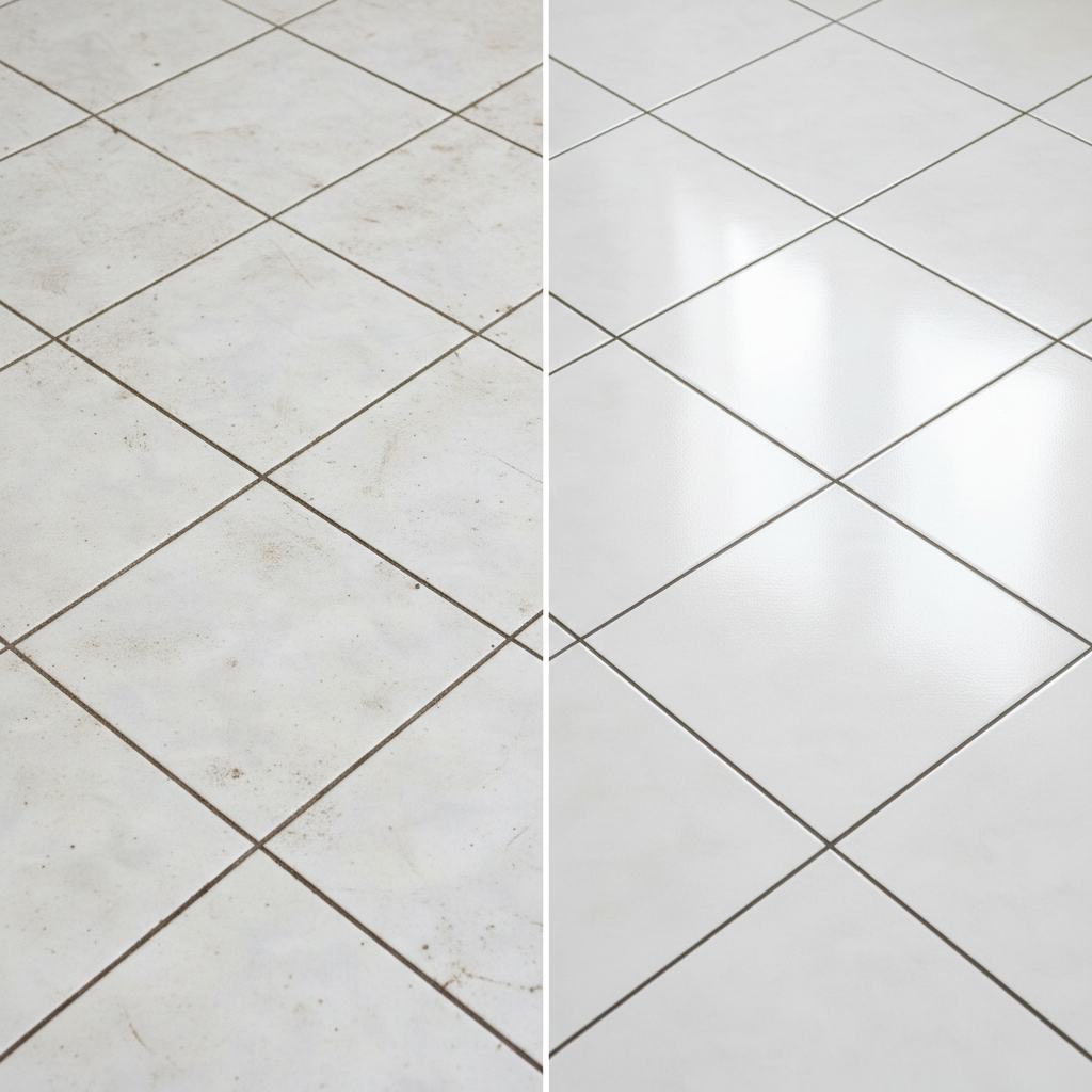 A split image or visually divided scene of a ceramic tile floor. On one side, the tiles appear dull, with visible dirt, dust, and discolored grout lines, indicating neglect. On the other side, the same type of tiles gleam with a radiant shine, reflecting ambient light, and the grout lines are pristine and bright. The contrast clearly depicts the aesthetic transformation achieved by proper cleaning. Professional photo style, bright and clean composition, showcasing the texture and reflective quality of the clean tiles.