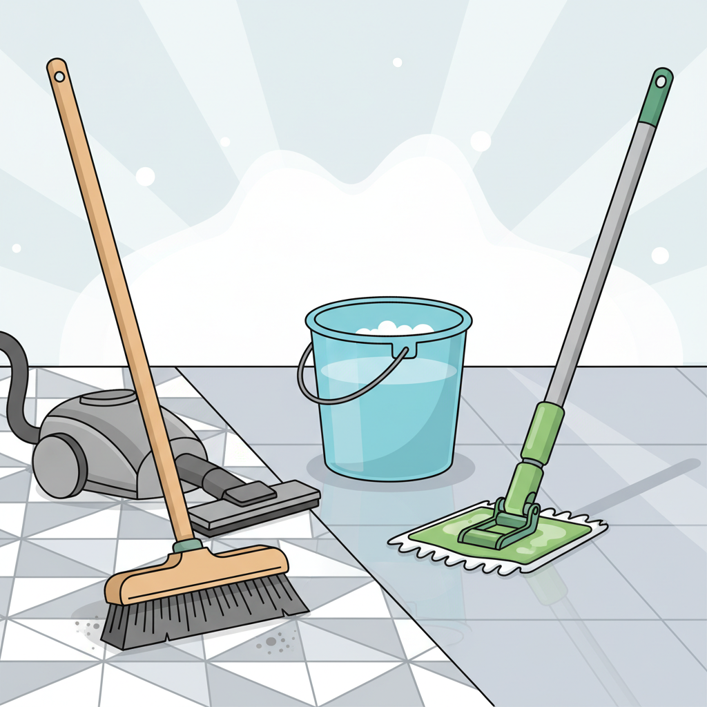 A vibrant flat illustration depicting the essential steps of tile floor cleaning. In the foreground, a modern broom and a vacuum cleaner attachment suitable for hard floors are shown, implying the removal of loose dirt. Slightly behind, a bucket containing a mild cleaning solution (indicated by light suds) and a well-wrung microfiber mop are positioned on a section of clean, grey tile. The mop should appear damp, not soaking wet, illustrating the correct technique. The overall scene should be clean and bright, conveying simplicity and effectiveness.