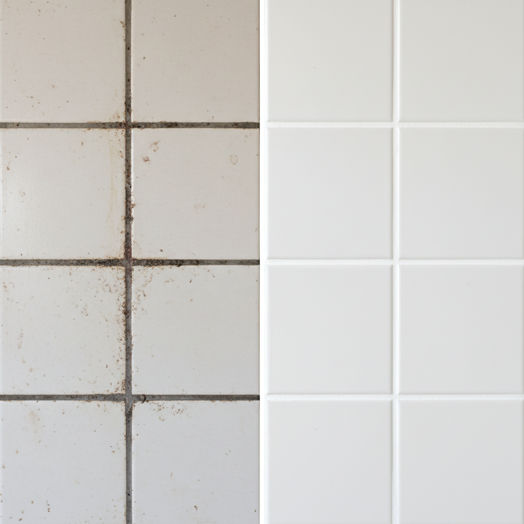 A close-up, split image of a tile wall or floor. On one side, discolored, grimy tile grout lines are visible, filled with dark spots, soap scum residue, and a general dullness, making the tiles look unkempt. The other side, seamlessly connected, showcases the identical tiles with sparkling, bright, and perfectly clean grout lines, radiating a sense of freshness, hygiene, and restoration. The transformation from dirty to clean is clearly and aesthetically highlighted. Professional photo with sharp focus and excellent lighting, emphasizing contrast.