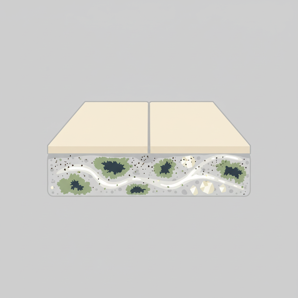 A detailed flat illustration depicting a stylized cross-section of a tile and grout joint. The porous grout material between two rectangular tiles is shown to be infiltrated by various contaminants. Visually represent tiny dark specs indicating general dirt, shadowy green and black patches symbolizing mold growth, milky-white streaks depicting soap scum accumulation, and subtle crystalline formations suggesting lime scale deposits. The distinct types of grime are clearly differentiated within the grout matrix, illustrating why grout gets dirty. Clean infographic style with distinct, muted colors for each contaminant against a light grey grout background.