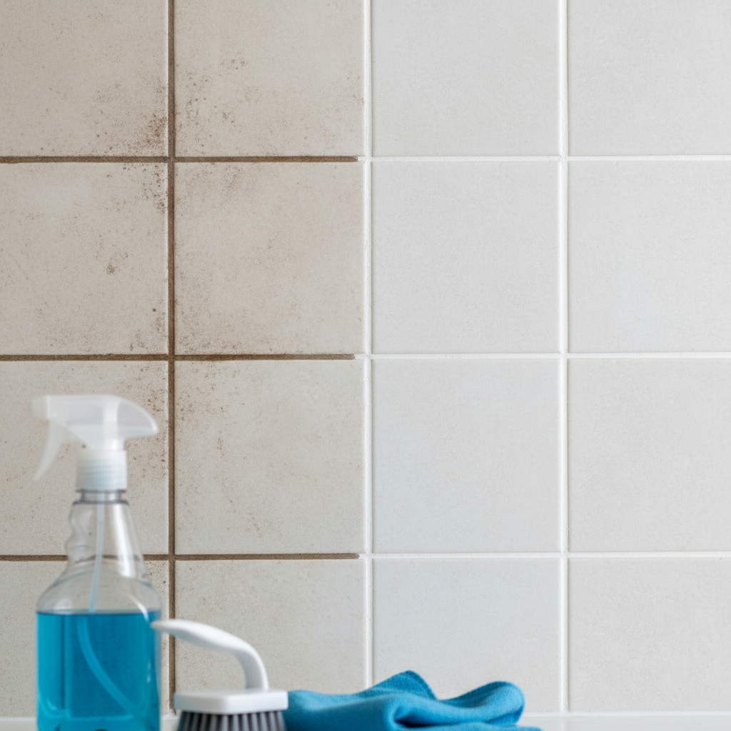 A close-up, high-resolution photo of bathroom or kitchen tiles. One section of the grout lines is visibly discolored, stained, and dull, representing dirty grout. Adjacent to it, another section of the same tiles features sparkling, pristine white grout lines, showcasing a clean, refreshed appearance. In the foreground, slightly out of focus, are common cleaning tools: a spray bottle, a small scrubbing brush, and a microfiber cloth. The lighting is bright and clean, emphasizing the contrast and the effectiveness of cleaning.