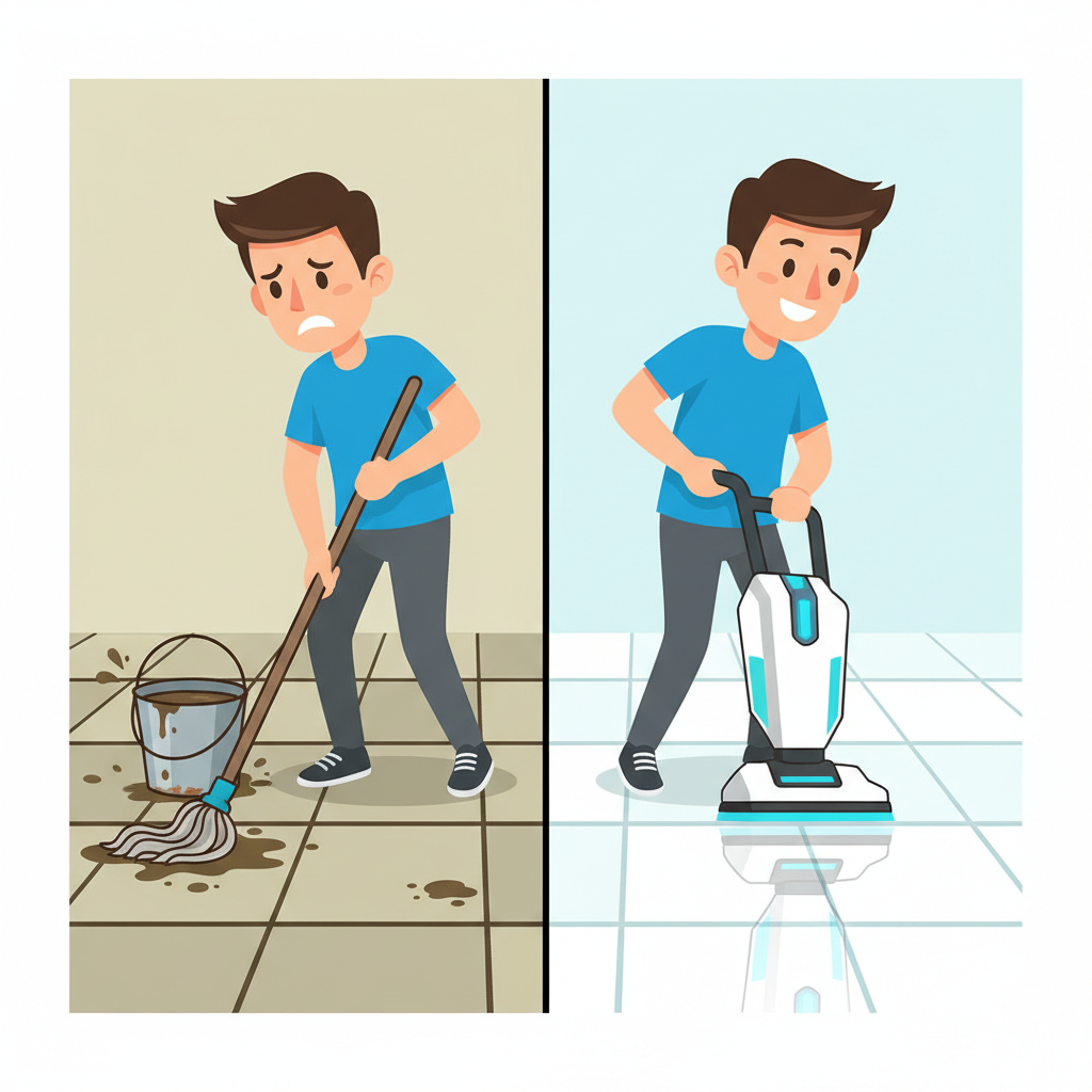 A dynamic, split-screen infographic-style illustration contrasting two cleaning methods for a tiled floor. On the left, a person is shown with a traditional mop and bucket, looking slightly frustrated as they attempt to clean a visibly grimy tiled floor with dull tiles and dirty grout lines. On the right, the same person (or a similar figure) is effortlessly operating a sleek, modern tile cleaning device over a section of the floor that is sparkling clean, with bright, pristine tiles and perfectly white grout. The overall impression should be one of dramatic transformation and ease, utilizing a clean, vibrant color palette.