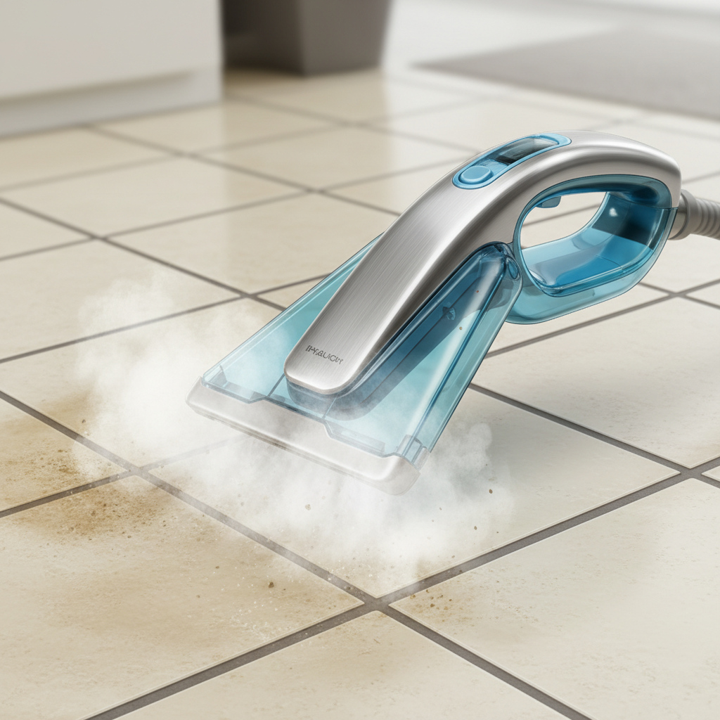 A detailed, close-up digital illustration focusing on the effective cleaning action of a steam tile cleaner. The perspective is slightly elevated, looking down at a section of ceramic floor tiles with clearly visible grout lines. A futuristic, handheld steam cleaner head is positioned centrally, actively emitting a gentle, visible plume of steam. The steam is subtly illustrated to be penetrating deep into the grout and gently lifting dirt and grime from the tile surface, with the cleaned areas appearing noticeably brighter and more pristine. The style should be professional and clean, highlighting hygienic deep cleaning.