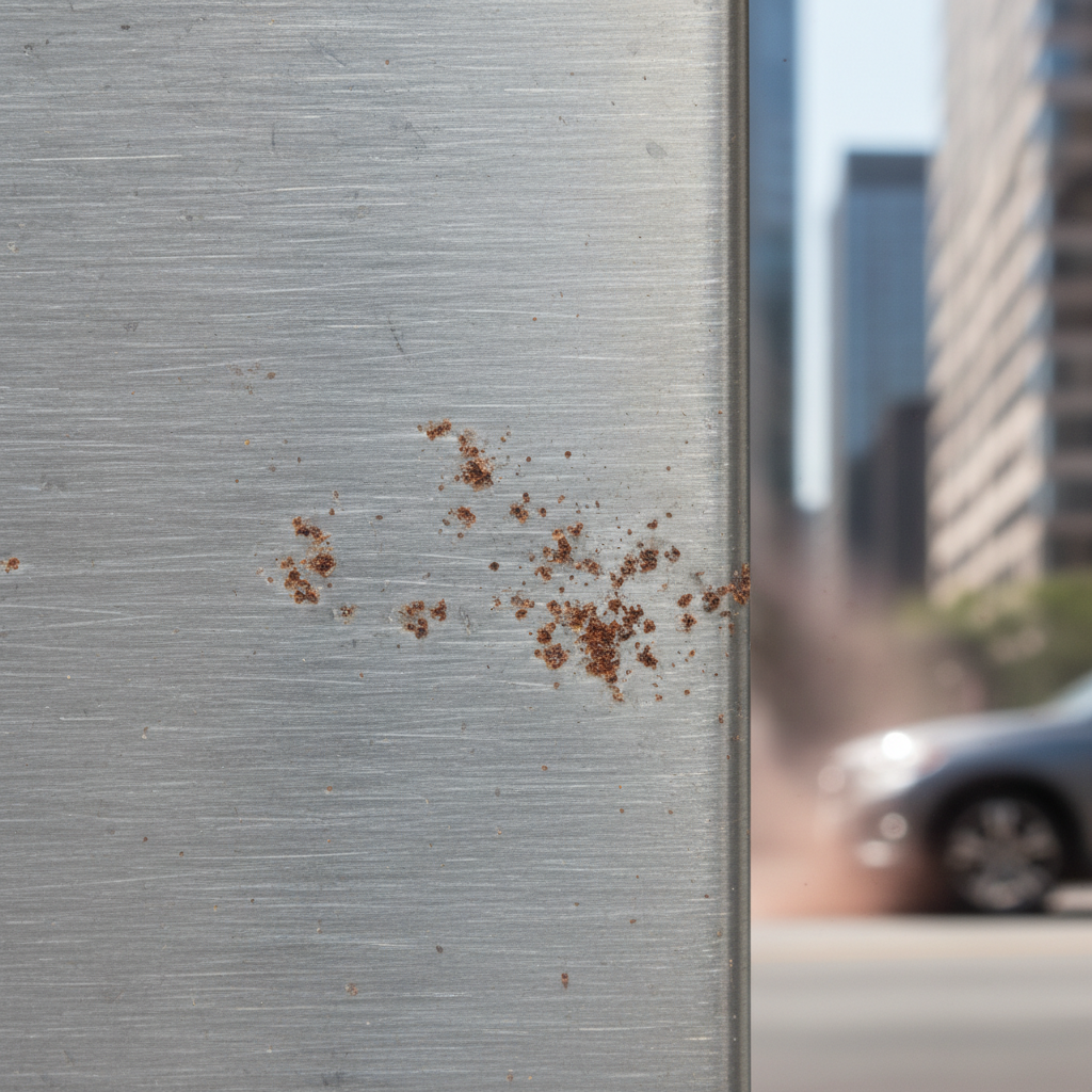 A close-up, high-definition professional photo of a sleek, brushed stainless steel surface, such as a kitchen sink or an outdoor railing. Scattered across the pristine, metallic texture are tiny, reddish-brown specks of what appears to be flash rust. The lighting should highlight the contrast between the shiny steel and the subtle, yet noticeable, imperfections. In the softly blurred background, a very faint hint of a city environment or a road with a car's wheel subtly emitting brake dust could be visible, emphasizing the external source of the rust. The focus is sharp on the affected steel surface.