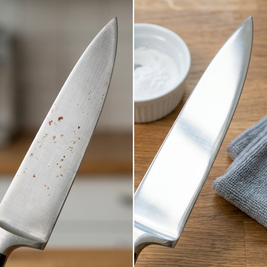 A high-quality close-up professional photo of a kitchen knife, presented in a 'before and after' split composition. The 'before' side shows a portion of the stainless steel blade with visible reddish-brown rust spots (Flugrost) and a slightly dull finish. The 'after' side depicts the identical part of the blade, now sparkling clean, polished, and free of any rust, reflecting light brightly. In the softly blurred background of the 'after' side, a small white bowl containing a baking soda paste and a soft cleaning cloth are subtly visible, hinting at the cleaning process.