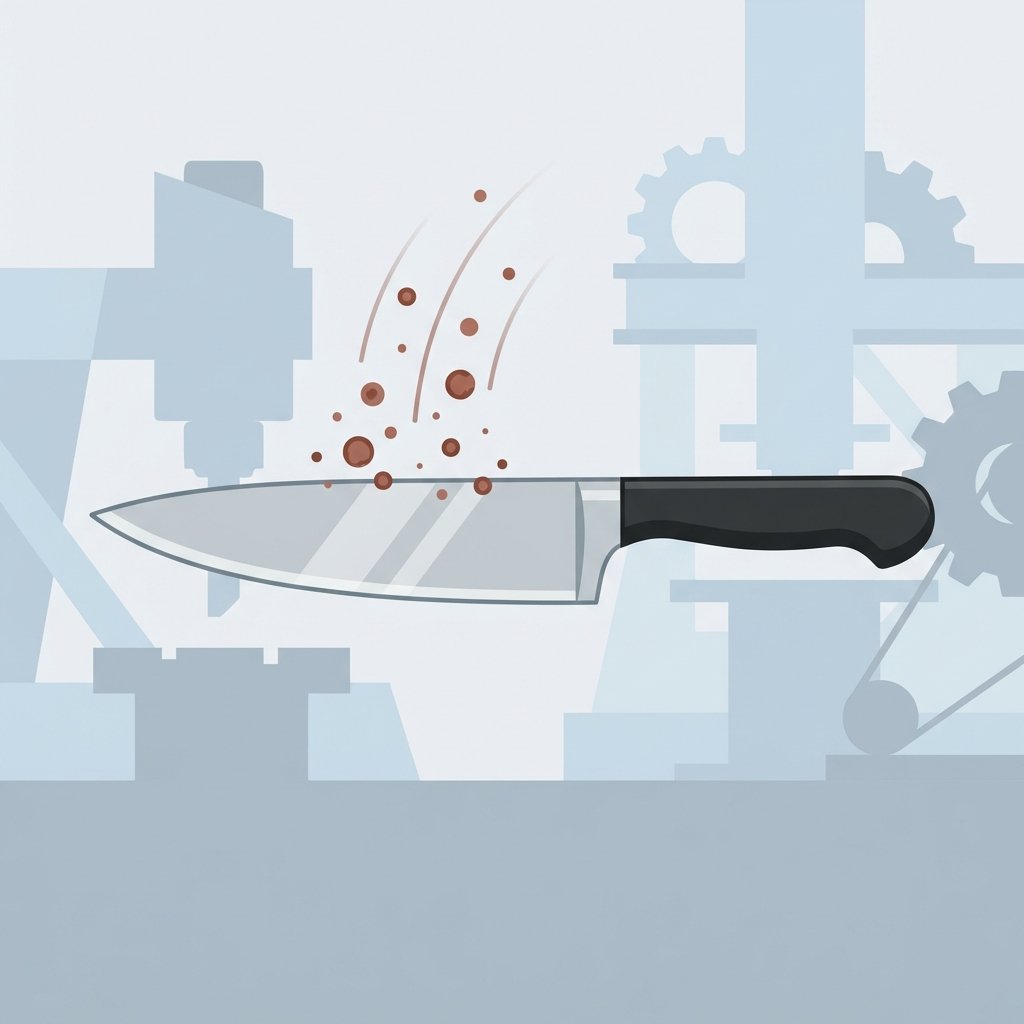 A clean and modern flat illustration depicting the concept of 'Flugrost' accumulation on a knife. A sleek, unblemished kitchen knife blade is positioned horizontally in the foreground. Above the blade, several small, reddish-brown rust particles are shown in motion, gently descending towards its surface. In the stylized background, abstract, indistinct shapes represent other metallic objects or an industrial environment, subtly suggesting the origin of these airborne rust particles, without explicit detail. Focus on clarity and visual storytelling.