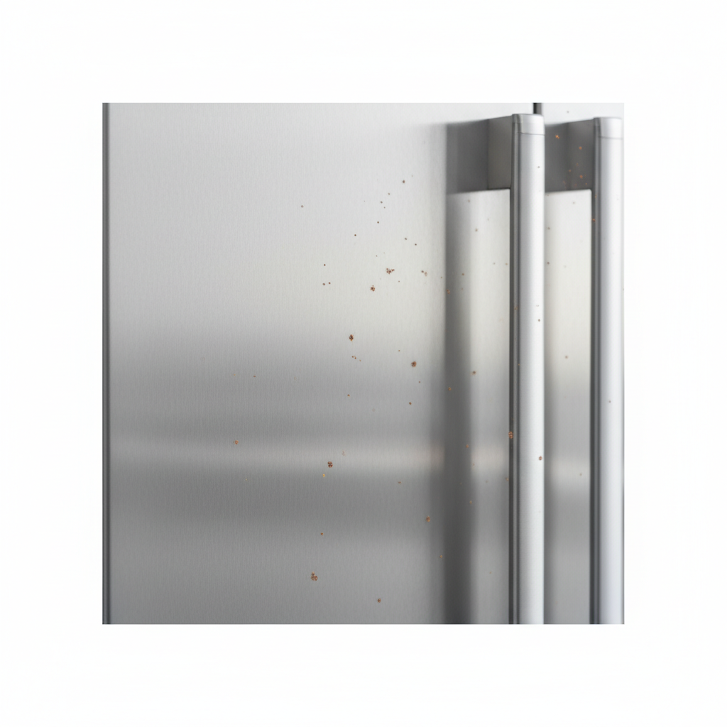 A close-up, high-definition shot of a sleek, polished stainless steel surface, like a kitchen countertop or refrigerator door, marred by several tiny, reddish-brown flash rust (Flugrost) spots. The surrounding steel should still reflect light brilliantly, highlighting the contrast with the dull, corroded specks. Subtly in the background, out of focus, tiny airborne rust particles are depicted settling onto the surface, hinting at their origin from a distant, unseen metal object. Realistic, professional product photography style.