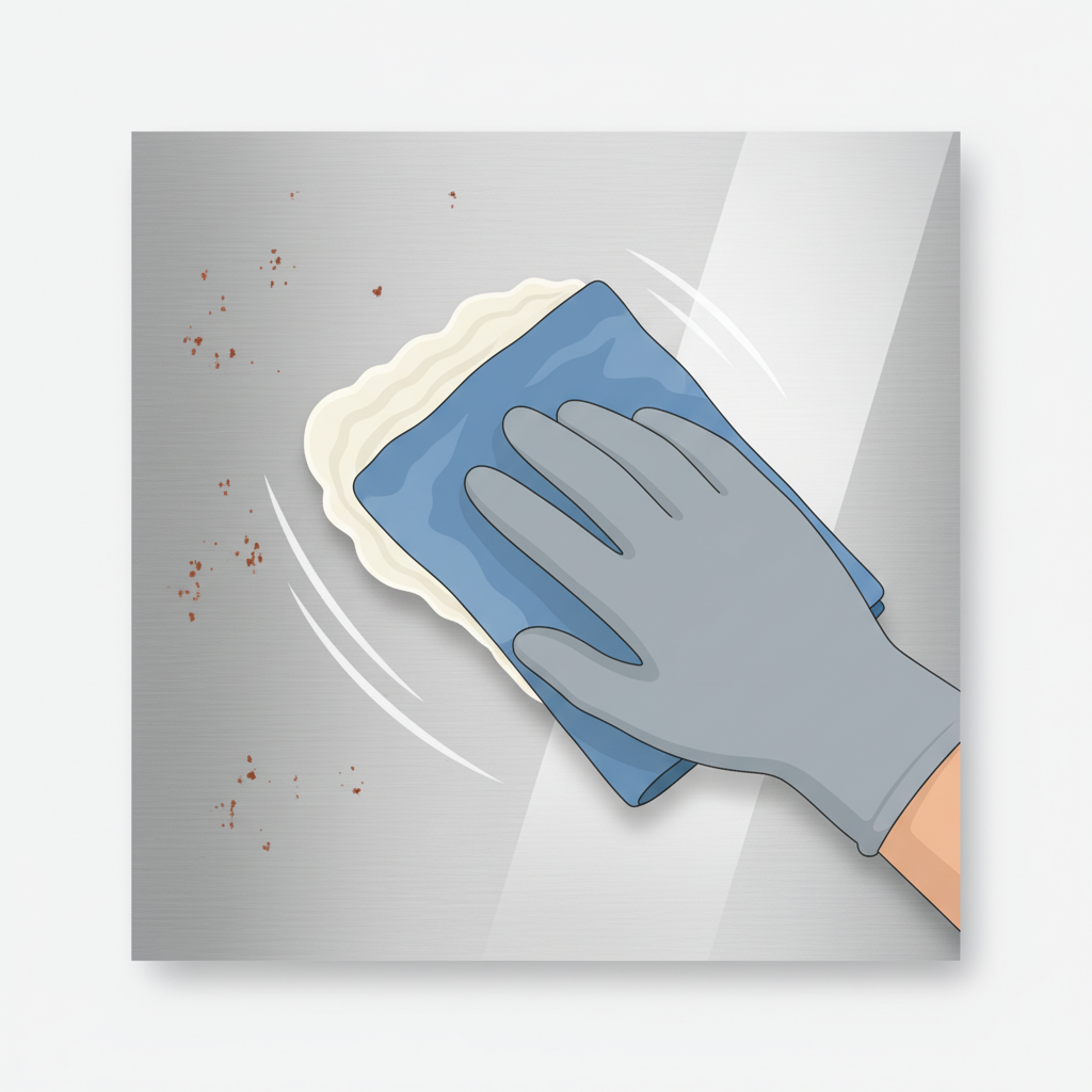 A detailed illustration showing the process of removing flash rust from a stainless steel surface. A gloved hand holds a soft, microfiber cloth, gently wiping a generic cleaning paste onto a small, rust-affected area of a brushed stainless steel panel. One side of the panel shows faint rust spots, while the other side, already cleaned, gleams brightly. The movement of the cloth should follow the grain of the steel, conveying a sense of care and precision. Clean, modern flat illustration style with soft shadows.