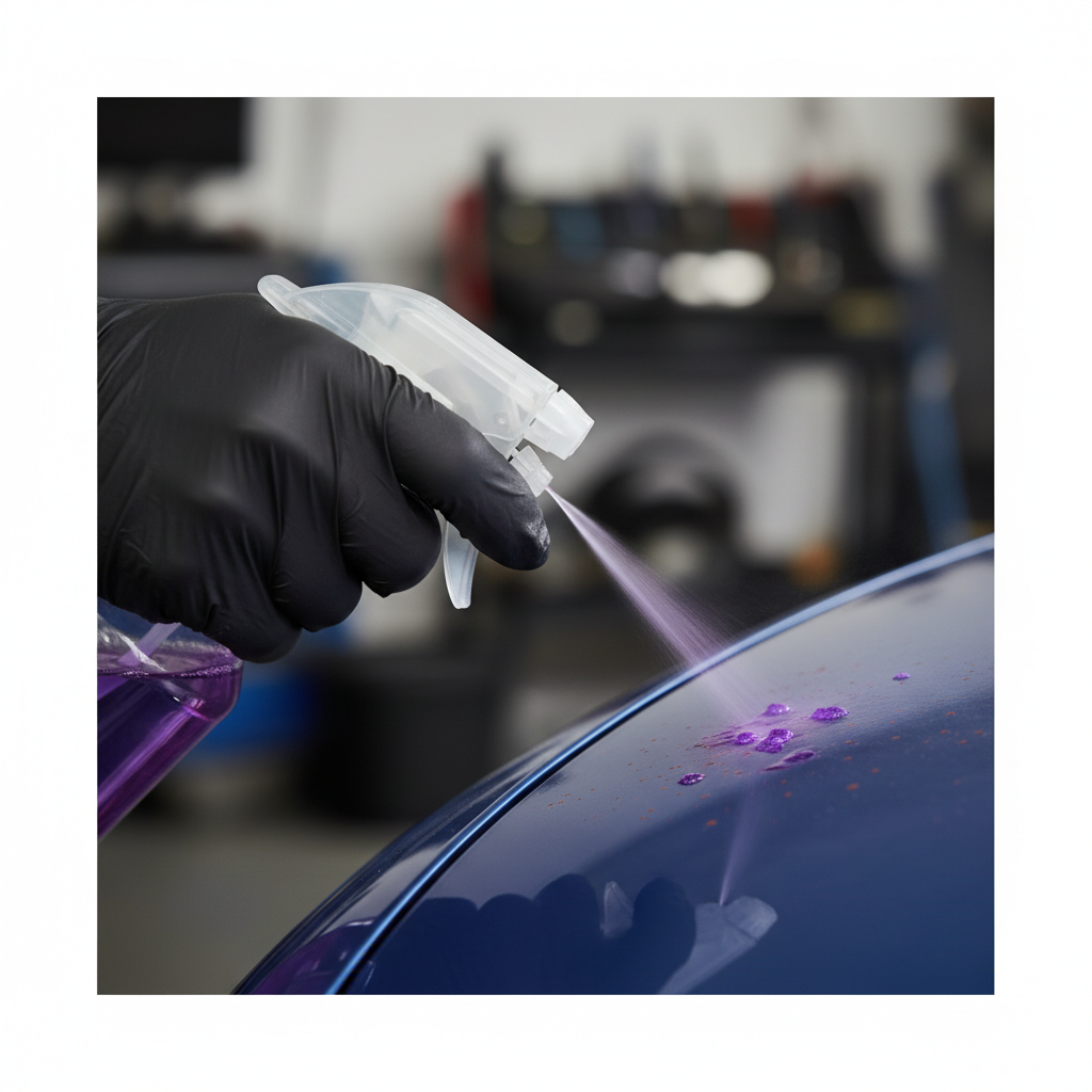 A professional photo-style illustration capturing a close-up action shot of a person's hand, wearing a dark blue or black protective glove, holding and actively spraying a specialized Flugrostentferner product onto a section of a dark-colored car's body panel. Small, subtle reddish-brown rust spots are visible on the paint surface before the spray. As the clear or slightly colored liquid makes contact, a hint of a purplish reaction is subtly visible on some of the rust spots, indicating the product is working. The focus is on the precision of the application and the beginning of the chemical reaction. The background is softly blurred, focusing entirely on the hand, spray, and car surface.