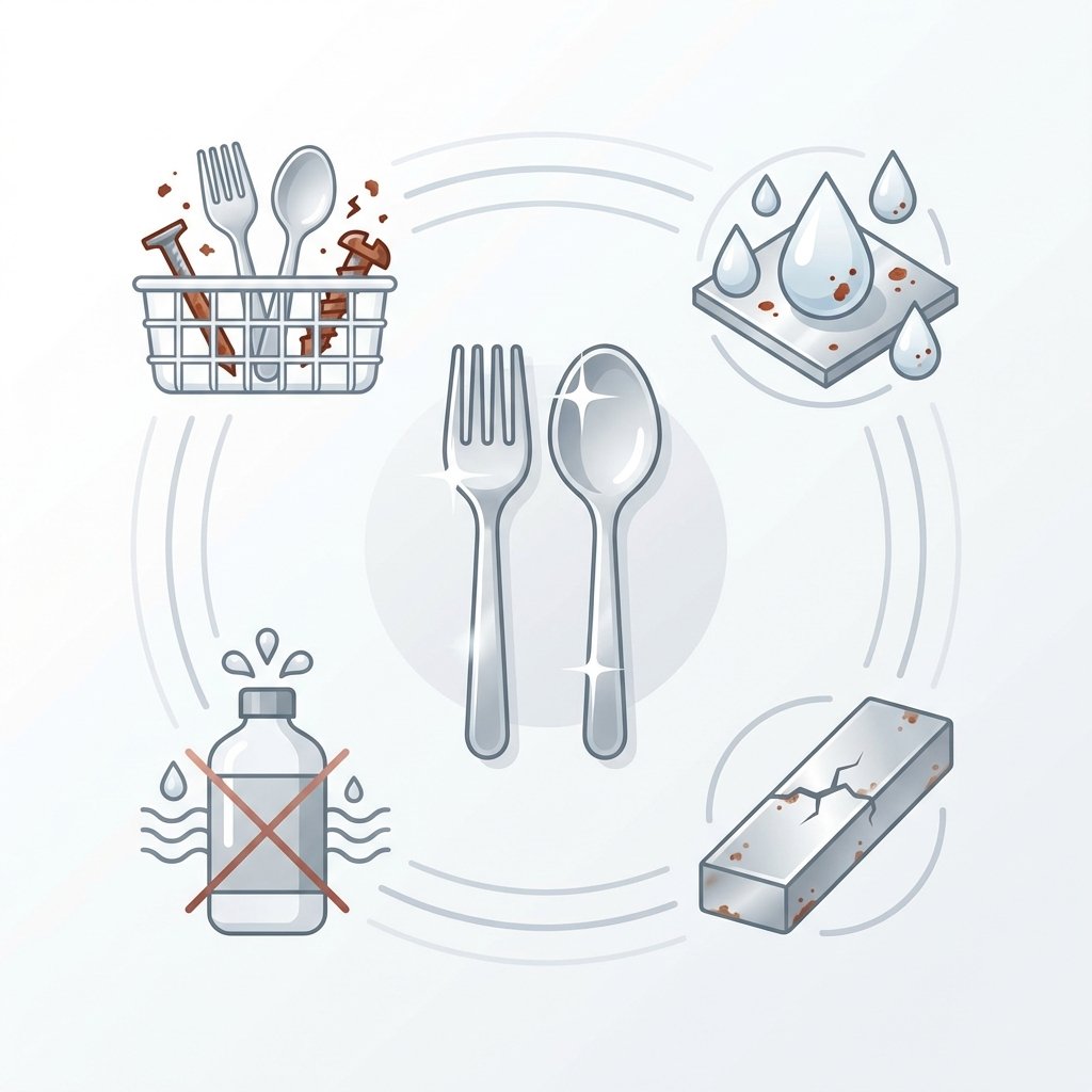 A clean, modern flat illustration depicting the various causes of flash rust on cutlery. In the center, a gleaming silver fork or spoon. Surrounding it are small, illustrative icons: a simplified dishwasher basket with a few rusty iron objects near the cutlery, a generic bottle representing harsh cleaning agents with a subtle 'x' mark, several stylized water droplets indicating moisture, and a subtle visual cue suggesting lower-grade stainless steel (e.g., a simple metal bar with a subtle crack). The overall composition should be balanced and easy to understand, using a limited color palette of whites, silvers, and hints of red-brown for rust.