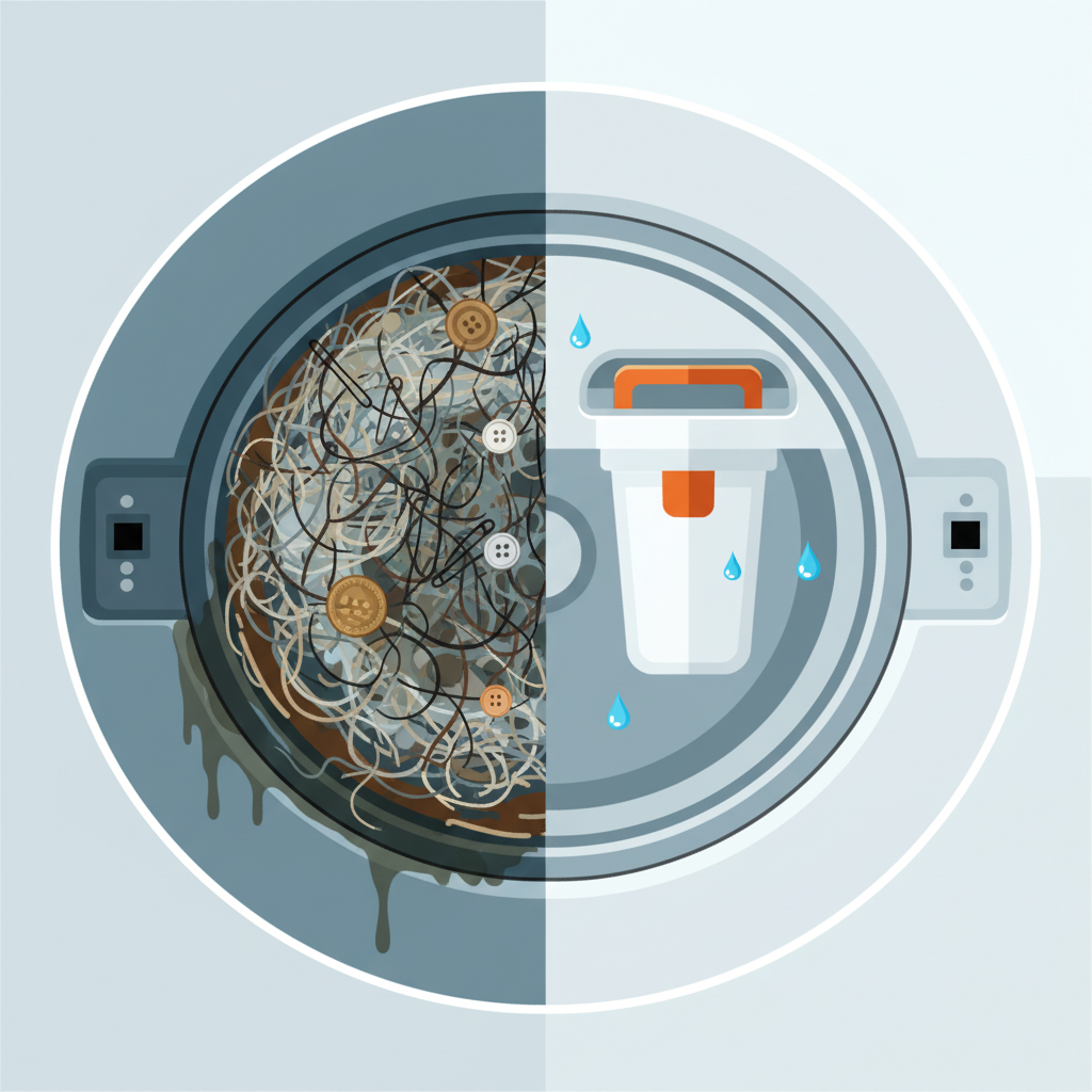 A detailed flat illustration showing a cutaway view of the front of a modern washing machine. The image is split down the middle. On the left side, depict a heavily clogged lint trap compartment, overflowing with tangled lint, hair, small objects (like coins, buttons), and murky, dirty water. The area around it looks neglected and grimy. On the right side, show the same compartment, but with the lint trap gleaming clean and empty, perhaps newly reinserted into a sparkling clean housing, with a hint of fresh, clear water, symbolizing pristine maintenance. Use a clean, professional flat illustration style with contrasting colors for the 'before' and 'after' states.