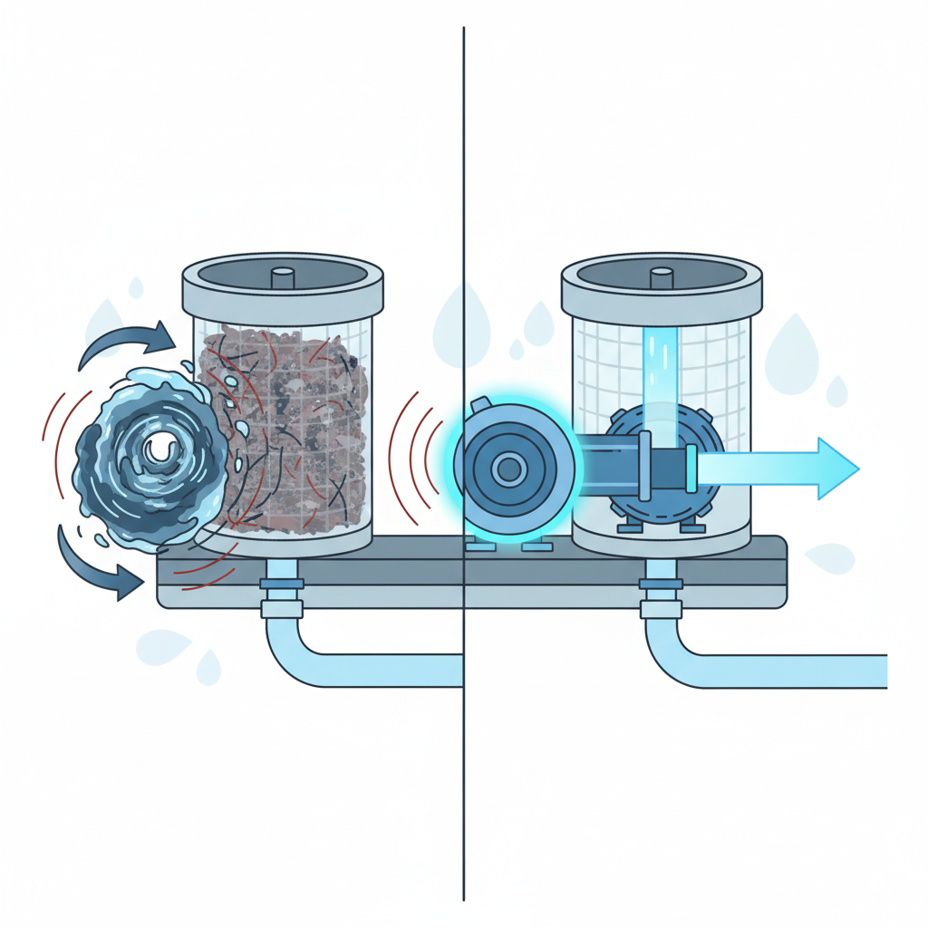 A dynamic, infographic-style illustration depicting the internal flow of water in a washing machine's drainage system. One half of the image displays a simplified cross-section where the lint trap is severely clogged with accumulated debris, causing the water pump to visibly struggle (indicated by visual cues like turbulent, backed-up water, a slightly bulging drainage hose, or visual 'effort' lines around the pump). The other half shows the same internal section, but with a perfectly clean and clear lint trap allowing water to flow freely and smoothly through the pump and out of the machine, symbolizing optimal function and energy efficiency. Use a vibrant color palette to clearly differentiate the obstructed and clear pathways.