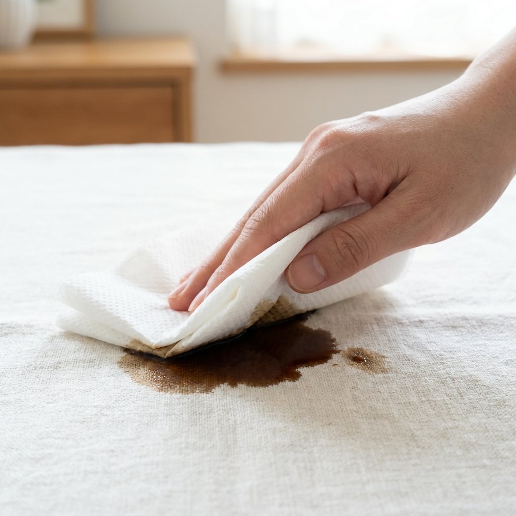 A professional photo, close-up, depicting a hand swiftly dabbing a fresh, dark coffee stain on a light-colored fabric (like a white t-shirt or sofa upholstery) with a clean, folded paper towel. The action should convey urgency and gentleness, with the coffee still appearing somewhat liquid and the fabric textured. The background should be softly out of focus, maintaining focus on the stain and the cleaning action. The lighting is bright and natural, highlighting the contrast between the stain and the clean fabric.