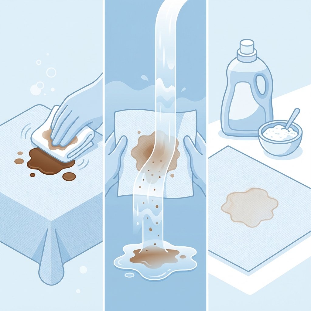 A clean, modern flat illustration in an infographic style, showing a sequential, three-panel process for stain removal. Panel 1: A fresh coffee spill on a fabric surface, with a hand gently dabbing it with a white cloth. Panel 2: The stained fabric section being rinsed under a gentle stream of cold water, held from the reverse side. Panel 3: The pre-treated fabric with a bottle of liquid detergent or a small bowl of baking soda paste positioned nearby, suggesting the next step. Use a limited color palette of soft blues, whites, and coffee browns.