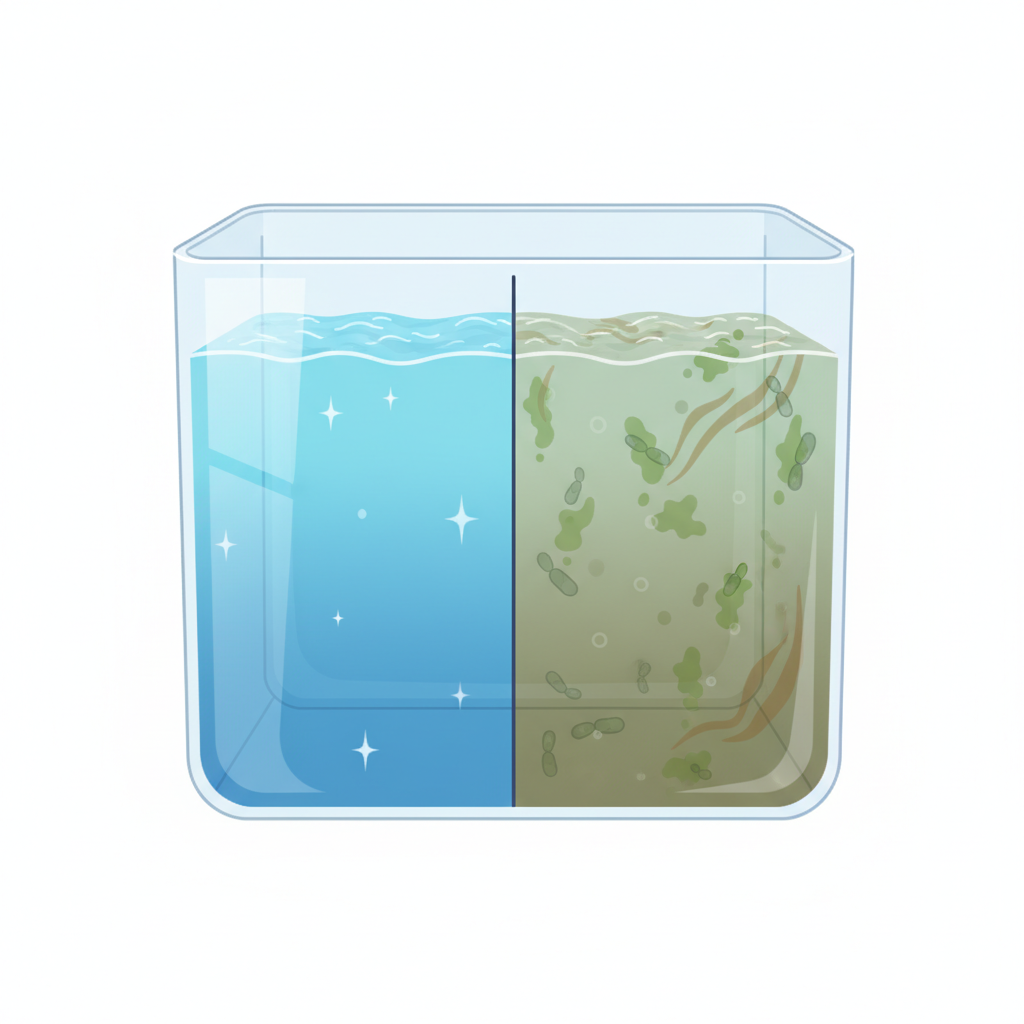 A detailed, cutaway flat illustration depicting a translucent fresh water tank. One half of the tank is perfectly clean, showing sparkling, clear blue water. The other half is visibly contaminated, with subtle green algae patches clinging to the inner walls, faint brown biofilm layers, and stylized, tiny, swirling microbe-like shapes subtly mixed into the cloudy water. A visual contrast between hygienic cleanliness and potential unseen dangers. The overall style should be clean, modern, and suitable for a blog post.