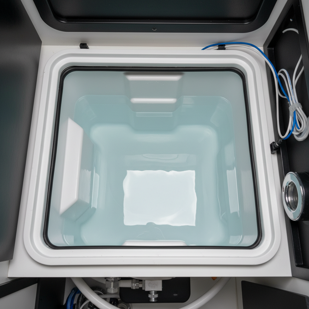 A professional photo from an overhead angle looking into the open top of a sparkling clean fresh water tank inside a vehicle (like an RV or boat). The tank interior is gleaming, reflecting light off its pristine white or light-colored walls. Clear, clean water fills the tank to a visible level, with a smooth, undisturbed surface. The surrounding area outside the tank is tidy, suggesting a well-maintained system. The overall aesthetic is one of hygiene, clarity, and careful maintenance.