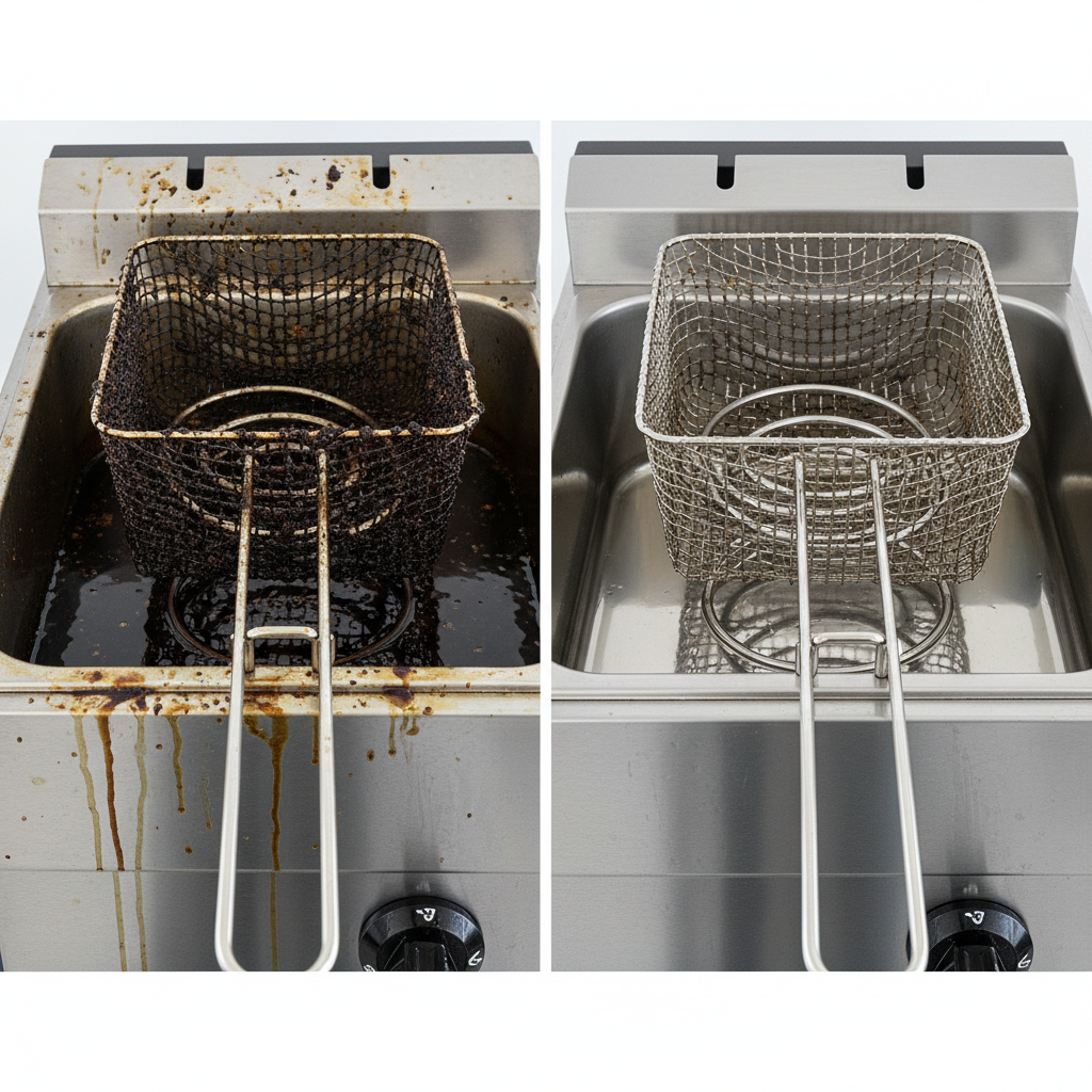 A split image or side-by-side comparison of deep fryers. On the left, a neglected deep fryer with visible dark, cloudy, used cooking oil, greasy residue clinging to the heating element, and food particles stuck to the basket. The overall impression is grimy and unappealing. On the right, the identical deep fryer model, sparkling clean with a gleaming, empty interior, a spotless basket, and polished exterior surfaces that reflect light. The contrast should strongly convey freshness versus neglect. Professional photo style, brightly lit and crisp.