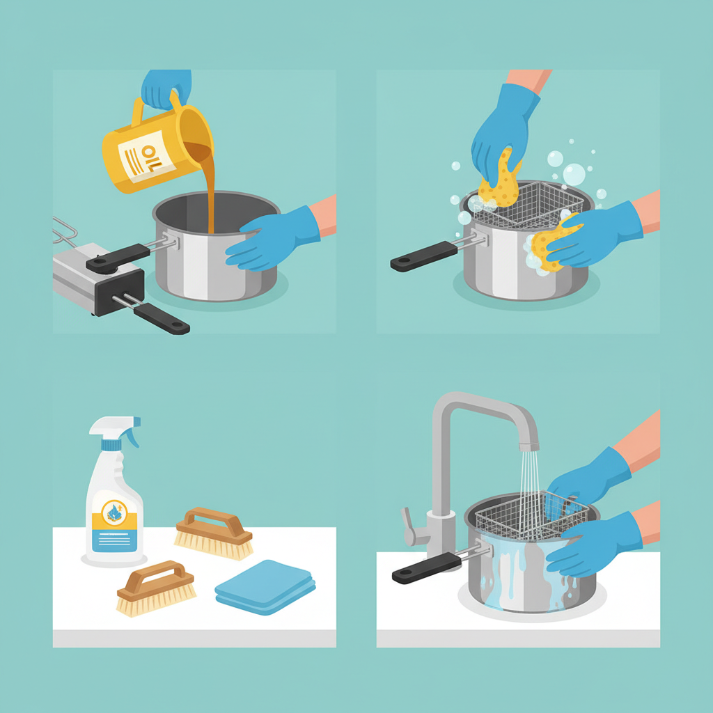 An instructional flat illustration depicting the key steps of deep fryer cleaning. The scene shows gloved hands performing actions on a disassembled, cooled deep fryer. One part shows hands carefully pouring out old cooking oil into a designated disposal container. Another section features hands scrubbing the deep fryer's interior and basket with a sponge, generating light soap bubbles. Nearby, essential cleaning tools like a bottle of degreaser, a scrub brush, and a microfiber cloth are neatly laid out. The style is clean and bright, emphasizing clarity and ease.
