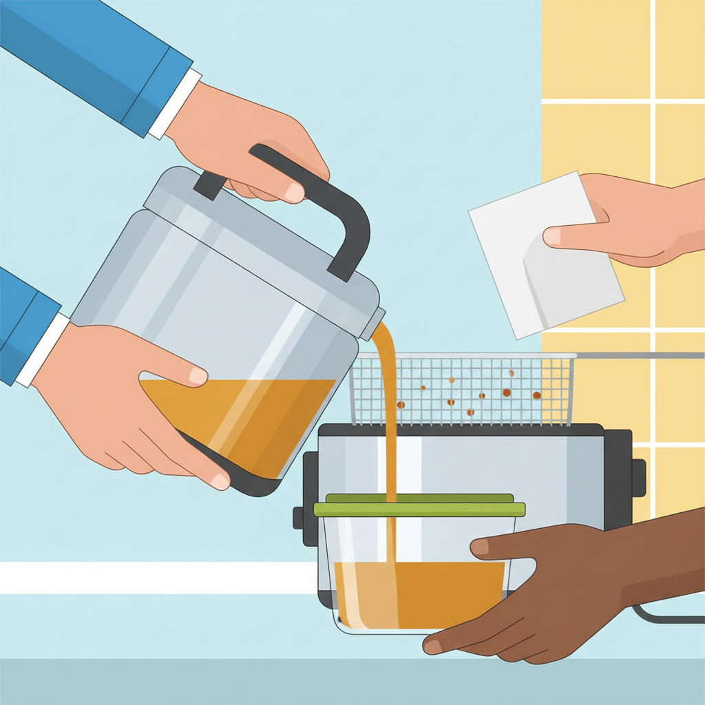A vibrant, modern flat illustration depicting the initial step of deep fryer cleaning. The scene shows a pair of hands gently pouring slightly cooled, still liquid cooking oil from a sleek, silver deep fryer into a sturdy, reusable container. In the background, another hand uses a piece of kitchen paper to wipe away a few crumbs from the fryer basket, which is partially visible inside the appliance. The overall mood should be clean, efficient, and emphasize ease of maintenance after each use. The colors should be bright and inviting, suggesting a simple task.