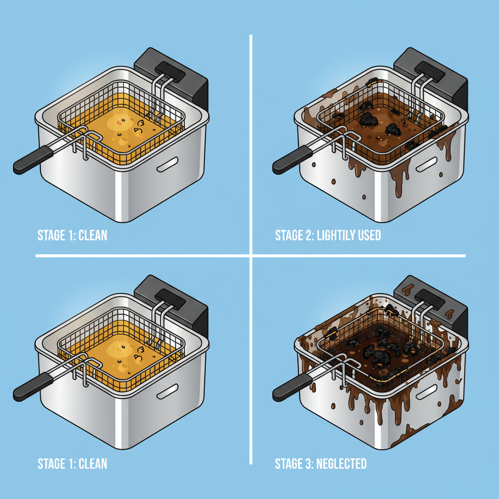 An infographic-style vector illustration showcasing three distinct stages of deep fryer cleanliness and maintenance. The image is divided into three clear panels or sections, each featuring an identical deep fryer model. The first panel displays a pristine, sparkling clean deep fryer, spotless and ready for use. The second panel shows the fryer with warm, slightly used oil and a few small food particles, representing light dirt after individual use. The third panel depicts a heavily neglected fryer, with solidified, dark brown grease coating the interior and crusty, burnt-on food residues, indicating strong contamination. The design should be clean, instructive, and visually distinct for each stage.