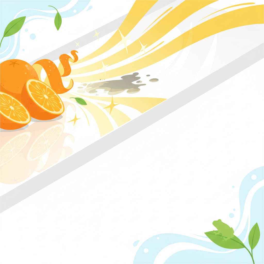 A vibrant, clean flat illustration depicting a sparkling kitchen countertop. On the left, fresh, ripe orange halves and peels are shown, emanating a golden, energetic glow that extends across the surface, symbolically dissolving grime and grease. In the background or subtly integrated into the foreground, a gentle frog silhouette or subtle green leaves and flowing water patterns emphasize the natural and eco-friendly aspect of the cleaner. The scene should convey powerful cleaning action driven by natural ingredients, resulting in a pristine and fresh environment. Use a bright, optimistic color palette with emphasis on greens and oranges.