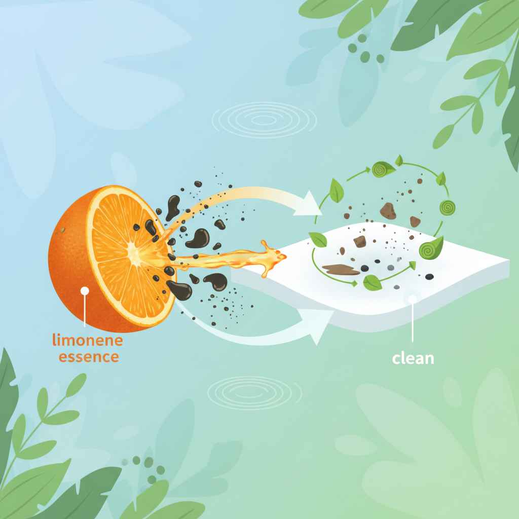 An engaging infographic-style illustration showcasing the core ingredients and their cleaning mechanism. On one side, a stylized cross-section of a fresh orange reveals its internal structure, with concentrated 'limonene' essence visibly targeting and breaking down abstract, dark grease particles. On the other side, microscopic, abstract representations of plant-based surfactants are depicted actively surrounding and lifting away various dirt fragments from a surface. The background incorporates subtle patterns of green foliage or clean water ripples, reinforcing the natural and biodegradable origins. The aesthetic should be clean, conceptual, and highlight the effective transformation from dirty to immaculately clean.