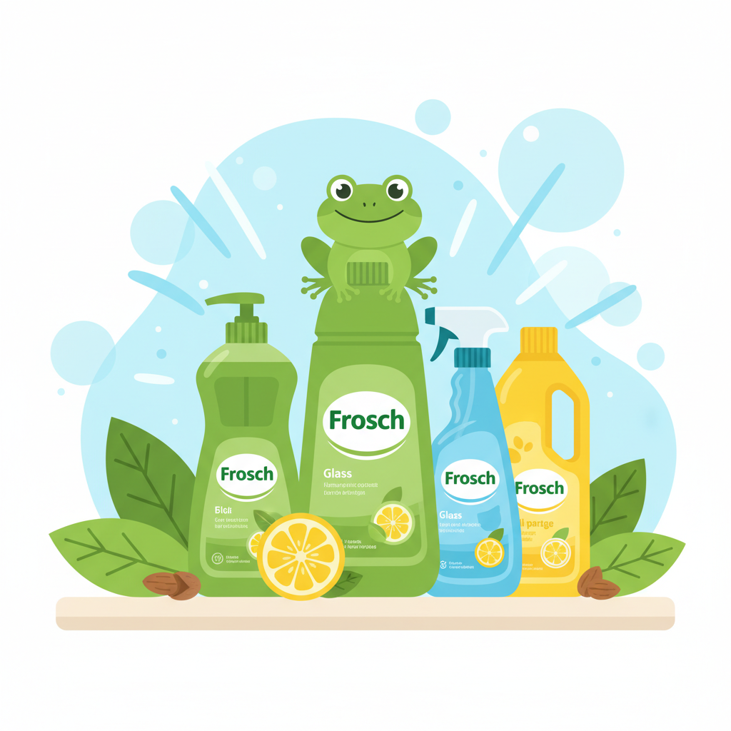 A bright, optimistic flat illustration depicting a collection of various Frosch cleaning product bottles (e.g., dish soap, all-purpose cleaner) arranged on a pristine, light-colored kitchen counter. Lush green leaves, a lemon slice, and a few small almond shells are artfully scattered around the products, symbolizing their natural, plant-based ingredients. A friendly, stylized frog is gently perched on the rim of one bottle, looking towards a sparkling, clean background, signifying environmental friendliness and purity. The scene evokes freshness, cleanliness, and nature.