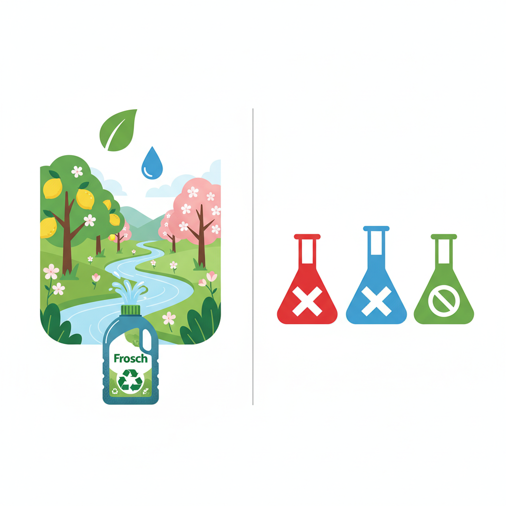 A vibrant, dual-panel flat illustration presenting Frosch's sustainability. The left panel showcases a serene natural landscape with stylized lemon trees, almond blossoms, and clear water flowing into a modern Frosch cleaning product bottle, which appears to be made from textured, recycled plastic. Above this, a stylized leaf icon and a clean water droplet icon float, emphasizing natural inputs. The right panel is a clean, uncluttered space where several generic, abstract chemical flask shapes are shown, each with a large, bold 'X' or a 'no entry' symbol superimposed, indicating the deliberate exclusion of harmful substances. The overall image conveys a commitment to natural, safe ingredients and environmental protection.