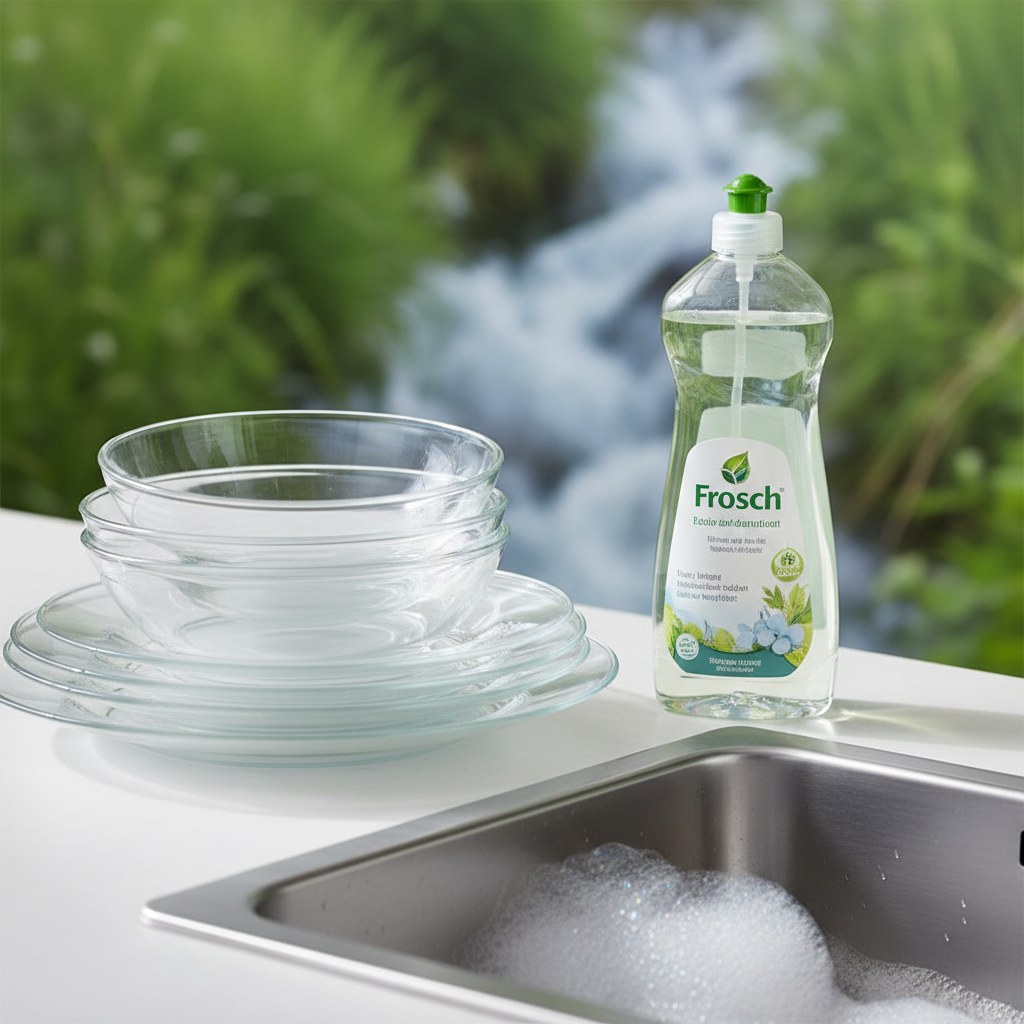 A professional photo of a bright, clean kitchen sink area. A sleek, eco-friendly-looking bottle of dish soap (suggesting Frosch's design, perhaps with subtle green and blue hues) stands prominently next to a stack of sparkling, perfectly clean dishes. Gentle, iridescent bubbles linger in the sink. In the background, out of focus, fresh green leaves or a subtle stream of water flow, symbolizing environmental friendliness and natural ingredients. The overall mood is fresh, effective, and inviting.