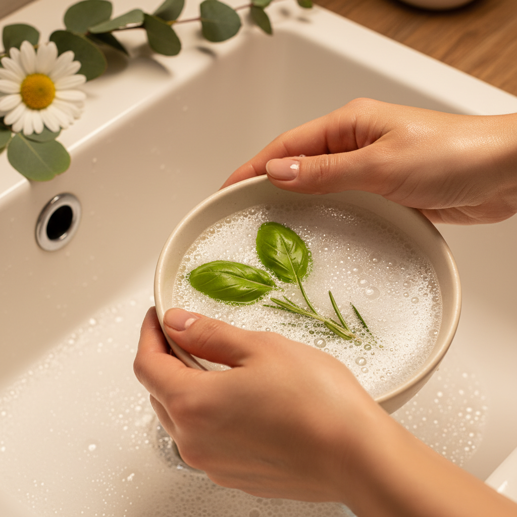 A soft, warm photo illustrating hands gently washing dishes. Focus on the hands, which appear healthy and cared for, suggesting skin-friendliness, submerged in a sink filled with delicate, frothy bubbles. Subtle visual cues of nature, such as a few fresh green leaves or a botanical element peeking into the frame, imply plant-based ingredients and a gentle formula. The scene conveys comfort, care for the skin, and natural cleanliness, without any specific brand text or logos.
