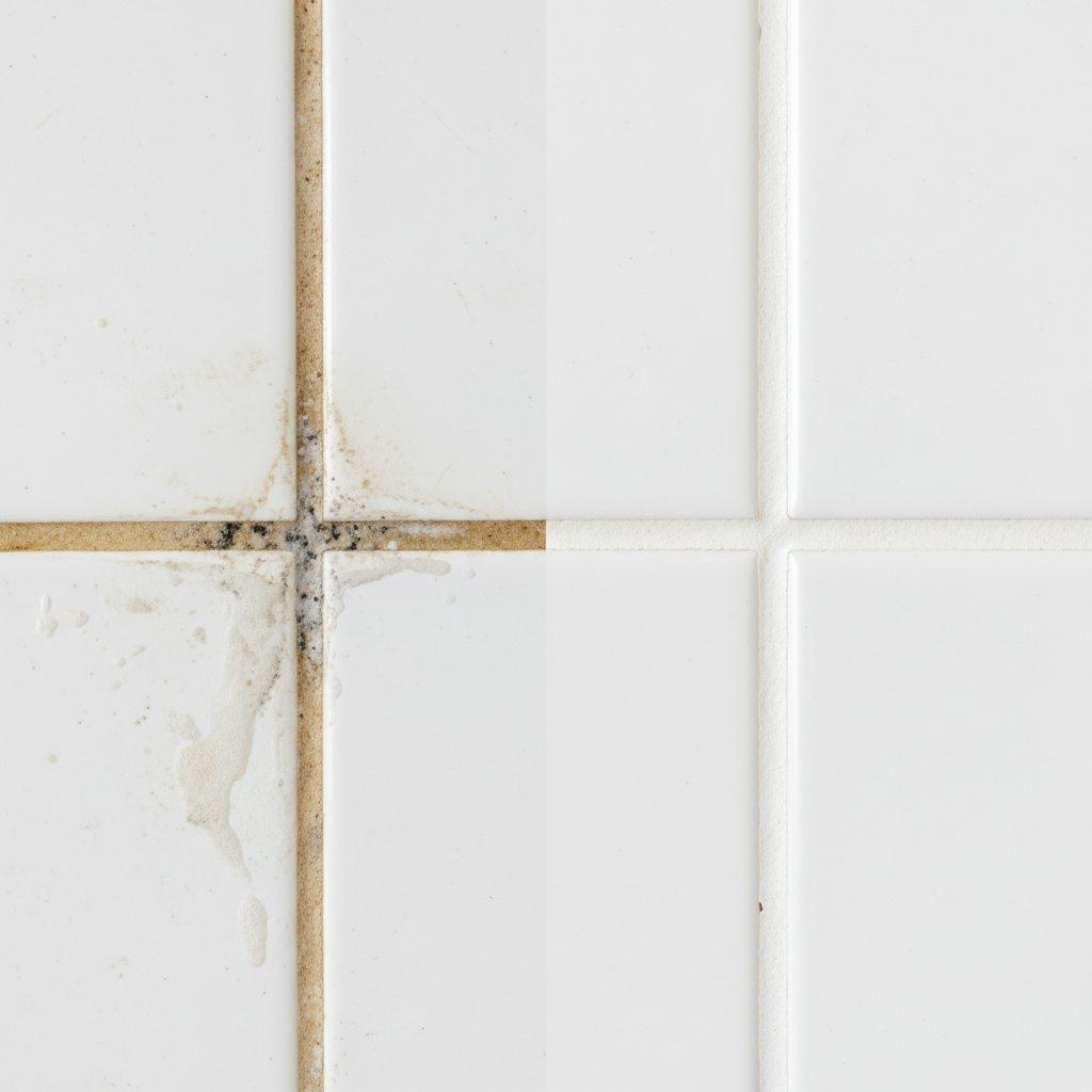 A vibrant, professional close-up photograph showcasing the stark contrast between dirty and clean bathroom grout. On one side, observe discolored, yellowish grout lines between white ceramic tiles, exhibiting visible dark mold spots, soap scum residue, and minor limescale buildup. On the other side, the grout lines are pristine white, looking freshly cleaned and uniform, radiating brightness against the same clean tiles. The image should convey the transformative power of cleaning, emphasizing a 'before and after' visual without any dividing line or explicit labels. The focus is purely on the visual difference in cleanliness.