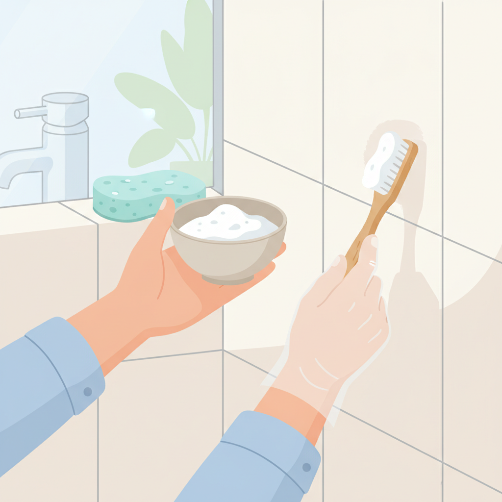 A bright and clear flat illustration demonstrating the application of a homemade cleaning paste to bathroom grout. The scene features a person's hands, one holding a small, light-colored bowl containing a thick white paste (representing a baking soda or natron mixture), and the other hand using an old toothbrush to apply the paste precisely along the grout lines between light-colored bathroom tiles. A clean, damp sponge lies nearby, ready for rinsing. The overall aesthetic should be clean, simple, and instructive, highlighting the DIY cleaning process mentioned in the article, emphasizing effectiveness and ease.