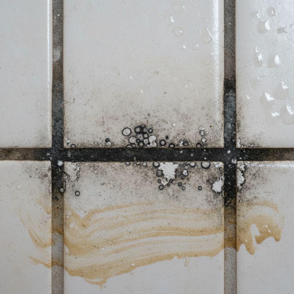 A detailed close-up, macro shot capturing the common problems of dirty shower tile grout. The image features white or light-colored ceramic tiles with heavily discolored, dark grout lines between them. Visible signs include scattered black mold spots, streaky yellowish-brown soap scum, and subtle white calcium deposits. Tiny water droplets might cling to the grimy surface, emphasizing the damp, problematic environment. The focus is purely on the unhygienic and unappealing state of the grout. The style should be realistic, high-resolution photography with a slightly gritty texture to accentuate the accumulated dirt.