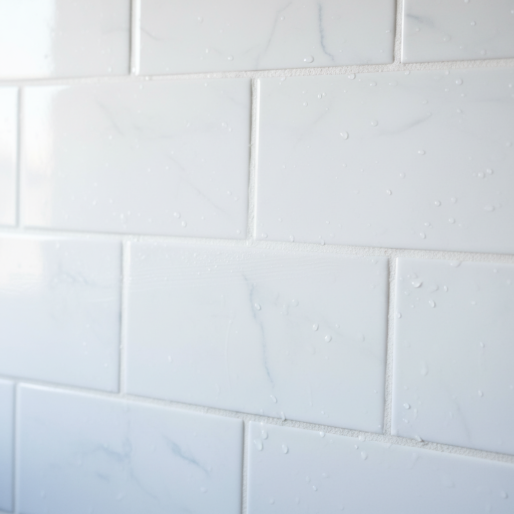 An inviting, sparkling close-up of a perfectly clean and fresh shower tile grout. The image displays pristine white or light-colored ceramic tiles with immaculate, bright white or light grey grout lines that gleam with a sense of newness. A soft, diffused light illuminates the scene, creating subtle reflections on the clean, possibly slightly damp surfaces, conveying hygiene and purity. The overall impression is one of accomplishment and cleanliness, contrasting sharply with previous dirt. The style is professional, bright, and clean photography, emphasizing freshness and a polished look.