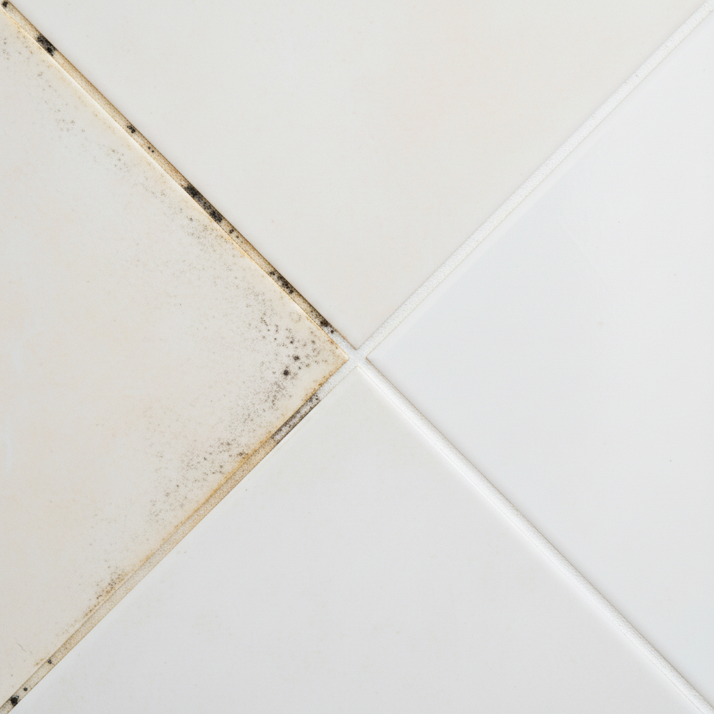 A professional, high-resolution photo showcasing a bathroom wall with ceramic tiles. The image should be split vertically or diagonally, illustrating a stark before-and-after contrast. On one side, the tile grout lines are visibly stained, discolored with dark mold spots and soap scum accumulation, appearing dull and dirty. On the other side, the same tile grout lines are impeccably clean, bright, and sparkling white, making the tiles look pristine. The focus is on the dramatic visual improvement of the grout.
