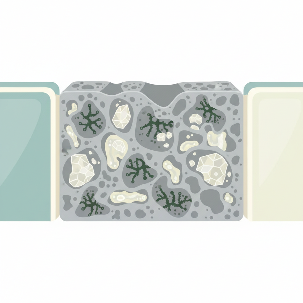A detailed flat illustration depicting a magnified cross-section of a bathroom tile grout line. The porous grout material should be clearly visible, filled with various symbolic representations of common contaminants: dark, fuzzy mold spores clinging to the surface, crystalline lime scale deposits, and sticky, translucent soap scum residues embedded within the pores. The surrounding tile edges are clean. The illustration aims to visually explain why grout gets dirty, using clear, distinct shapes and colors.