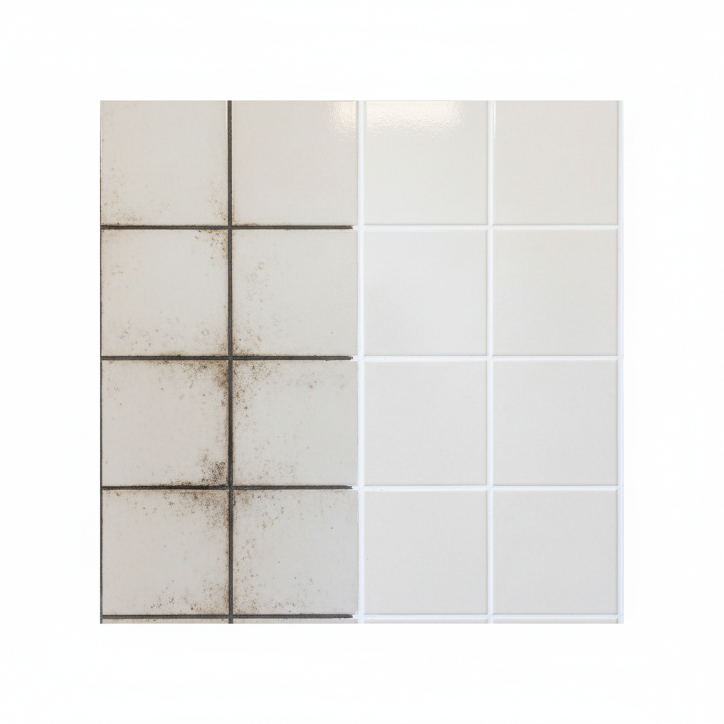 A high-contrast visual comparison of two sections of tiled wall. On one side, the grout lines are visibly stained, discolored, and show hints of grime or mold, making the tiles appear dull and unkempt. On the adjacent side, the same tiles have sparkling white, meticulously clean grout lines, radiating a fresh and pristine appearance. The overall image emphasizes the dramatic transformation from neglected to brilliantly clean. Style: Professional photo, clean, bright aesthetic with clear division.