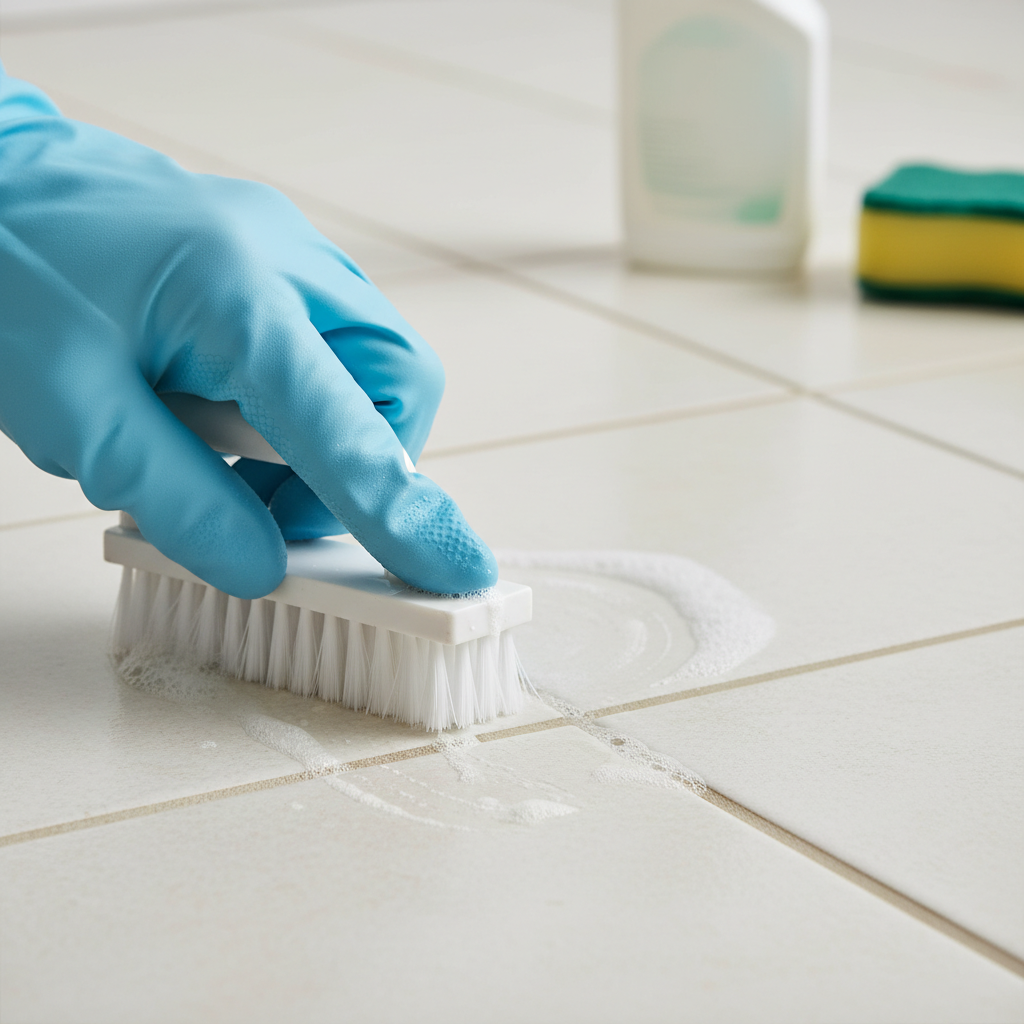 A close-up, slightly overhead shot of a hand, wearing a light blue cleaning glove, actively scrubbing a grout line between ceramic bathroom tiles with a small, stiff-bristled cleaning brush. A subtle amount of foamy cleaning solution is visible along the grout. In the softly blurred background, a generic cleaning spray bottle and a sponge can be seen on the tiled surface, suggesting the cleaning context. The scene should convey diligence and effective cleaning. Style: Realistic, dynamic lifestyle photography.