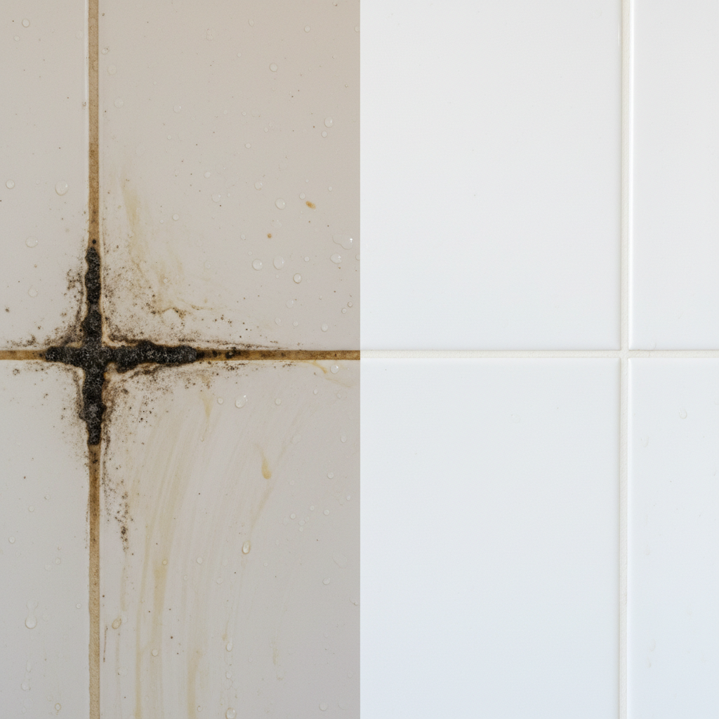 A detailed, high-quality macro photograph of a bathroom wall section. On one side, the tile grout is heavily stained, with visible black mold growth in corners, yellowish soap scum buildup, and general discoloration, conveying neglect. The other side, separated by an implied clean line, features sparkling white, perfectly clean grout lines between pristine tiles, showcasing a dramatic 'before and after' effect. The image should emphasize the contrast in cleanliness.