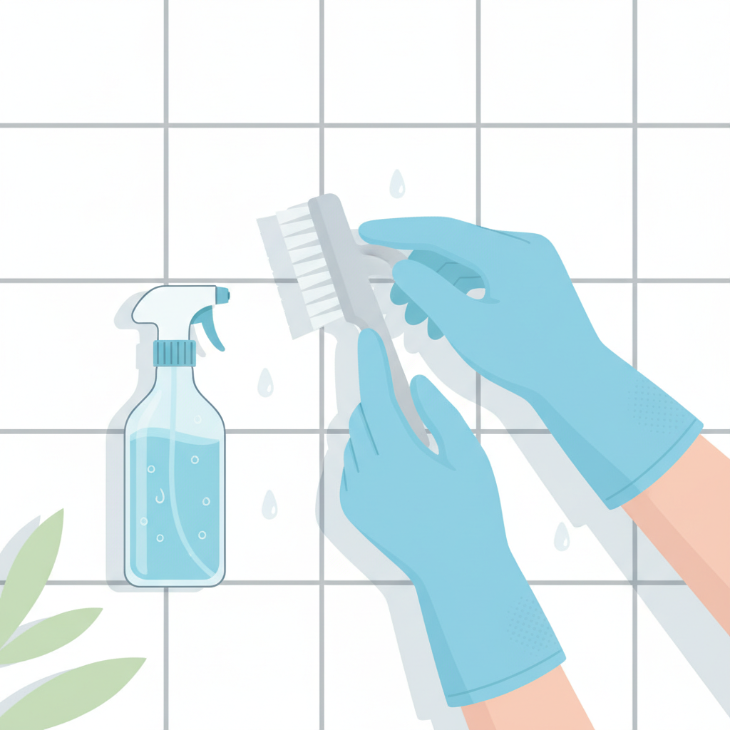A clean, modern flat illustration depicting a pair of hands wearing light blue protective gloves. The gloved hands are holding a small, stiff-bristled cleaning brush, poised above a section of white bathroom wall tiles with grey grout lines. Nearby, a generic spray bottle containing a cleaning liquid is visible on the tile surface, suggesting preparation for cleaning. The overall style is bright, hygienic, and practical.