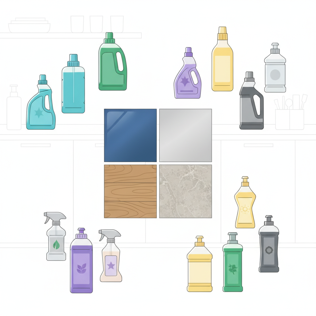 A flat illustration depicting a diverse array of floor cleaner bottles and containers. Each bottle is subtly distinct, perhaps by color or shape, hinting at different purposes (e.g., wood, tile, universal). These cleaners are arranged thoughtfully around a central display of various clean floor samples: shiny ceramic tiles, warm wooden planks, smooth laminate, textured natural stone, and resilient vinyl. The composition suggests the act of choosing the right product for the specific floor type, conveying a sense of organized selection and variety in a clean, bright, and modern aesthetic. No text or branding is visible on any item.