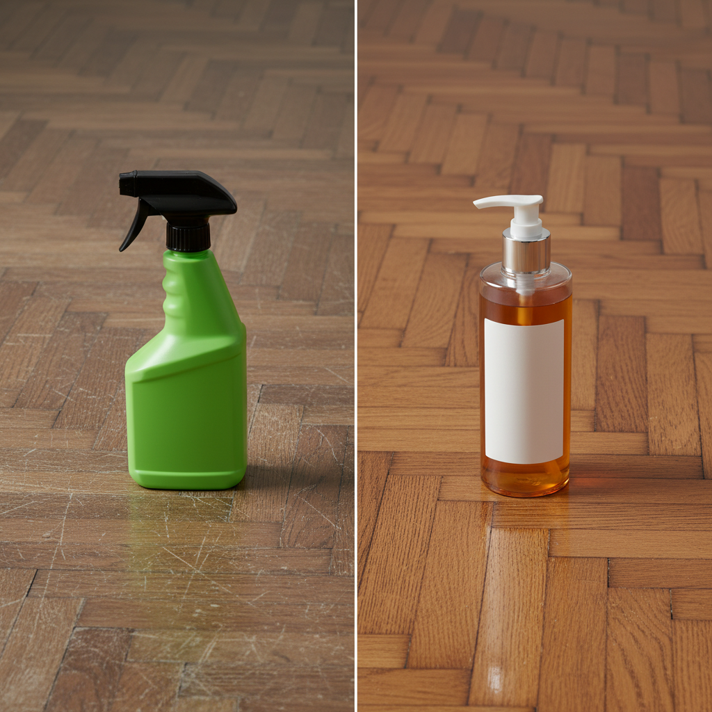 A professional studio product photograph, divided into two distinct halves by a subtle vertical line. The left half displays a section of a dull, slightly scratched, and damaged parquet floor, with a generic, aggressive-looking cleaner bottle placed beside it, hinting at an unsuitable choice. The right half showcases a pristine, gleaming, and perfectly maintained parquet floor, reflecting light beautifully, with a sleek, specialized wood floor cleaner bottle positioned elegantly nearby. The contrast highlights the negative consequences of incorrect cleaner selection versus the benefits of the right product, emphasizing shine and floor protection in a high-quality, realistic visual without any text or labels.