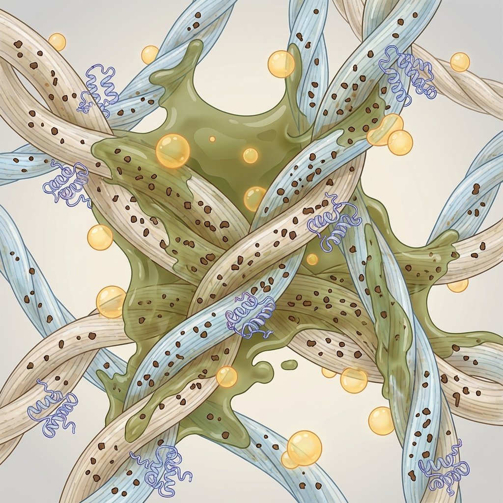 A detailed infographic-style illustration depicting a microscopic view of fabric fibers intertwined with a bile stain. Show greenish-brown bile liquid deeply saturating the threads. Highlight small, dense pigment particles embedded within the fibers, alongside tiny, intricate protein structures clinging to the fabric. Also, illustrate subtle lipid droplets (fat-soluble components) intermingling with the stain, emphasizing its multi-faceted and stubborn nature. The overall style should be clean, scientific, and illustrative, conveying complexity.