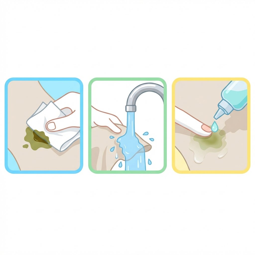 A sequence of three flat illustrations, each depicting a step in immediate stain removal. Panel 1: A clean, white hand gently dabbing a fresh, greenish-brown bile stain on a light-colored fabric (e.g., a white t-shirt) with a piece of white kitchen paper, showing the stain lifting slightly onto the paper. Panel 2: The stained fabric area being rinsed under a stream of cold water from a minimalist tap. Panel 3: A small amount of liquid (representing soap/detergent) being carefully applied directly onto the stain on the fabric by a finger. Use a bright, clean aesthetic with a focus on clear actions.