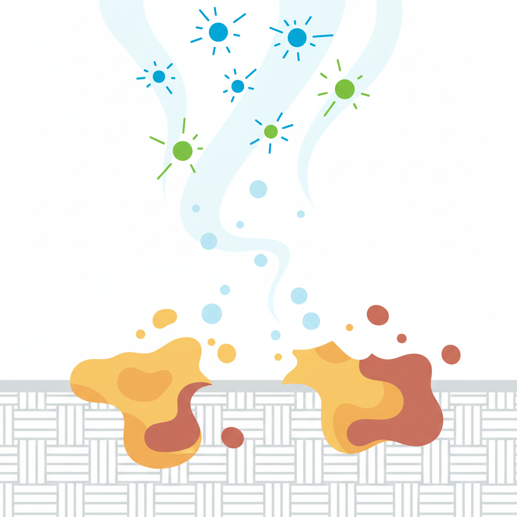 A clean, scientific flat illustration depicting the microscopic action of Gallseife. The image should show a magnified textile fiber surface, with larger, irregular blobs representing fat or protein molecules clinging to it. From above, stylized, smaller, active particles (representing Gallseife enzymes/salts) are breaking down these large blobs into much smaller, easily dispersible particles, which are then being lifted away from the fiber. Use a bright, modern color palette with clear separation between the fiber, stains, and cleaning agents. Emphasize the dissolving and lifting process, purely through visual elements.
